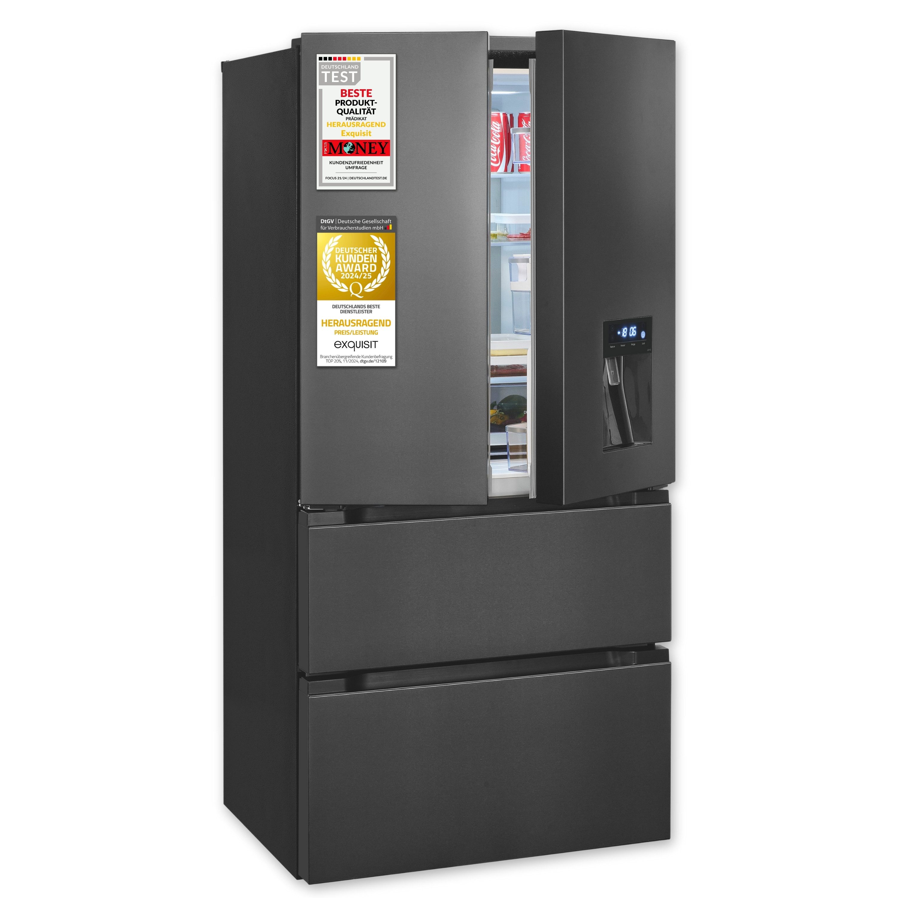 exquisit Kühlschrank FD5490-160-WS-202E, 183 cm hoch, 83.6 cm breit,Super-Kühl-Modus, Schnell-Gefrierfunktion, NoFrost, Wasserspender