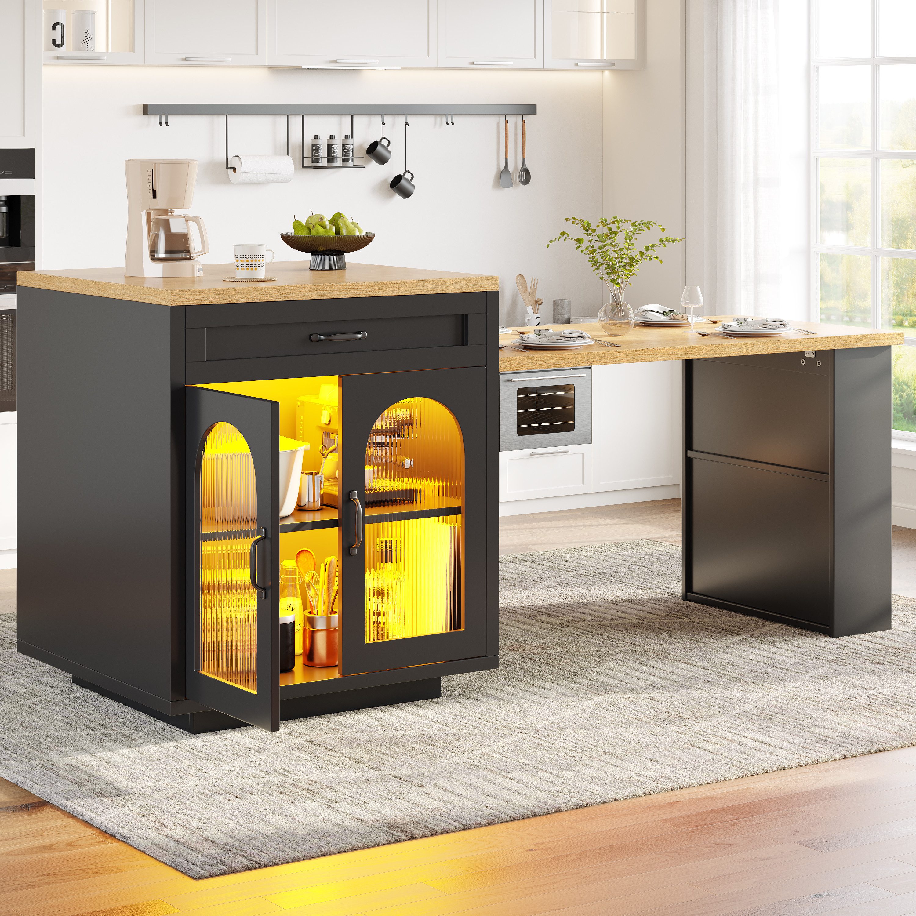 Flieks Kücheninsel mit ausziehbarer Esstisch, Arbeitsplatte in Holzoptik, (Länge 126-196/T70/H94 cm), Küchentisch & Mehrzweckschrank mit LED, 2 Schubladen und Glastüren