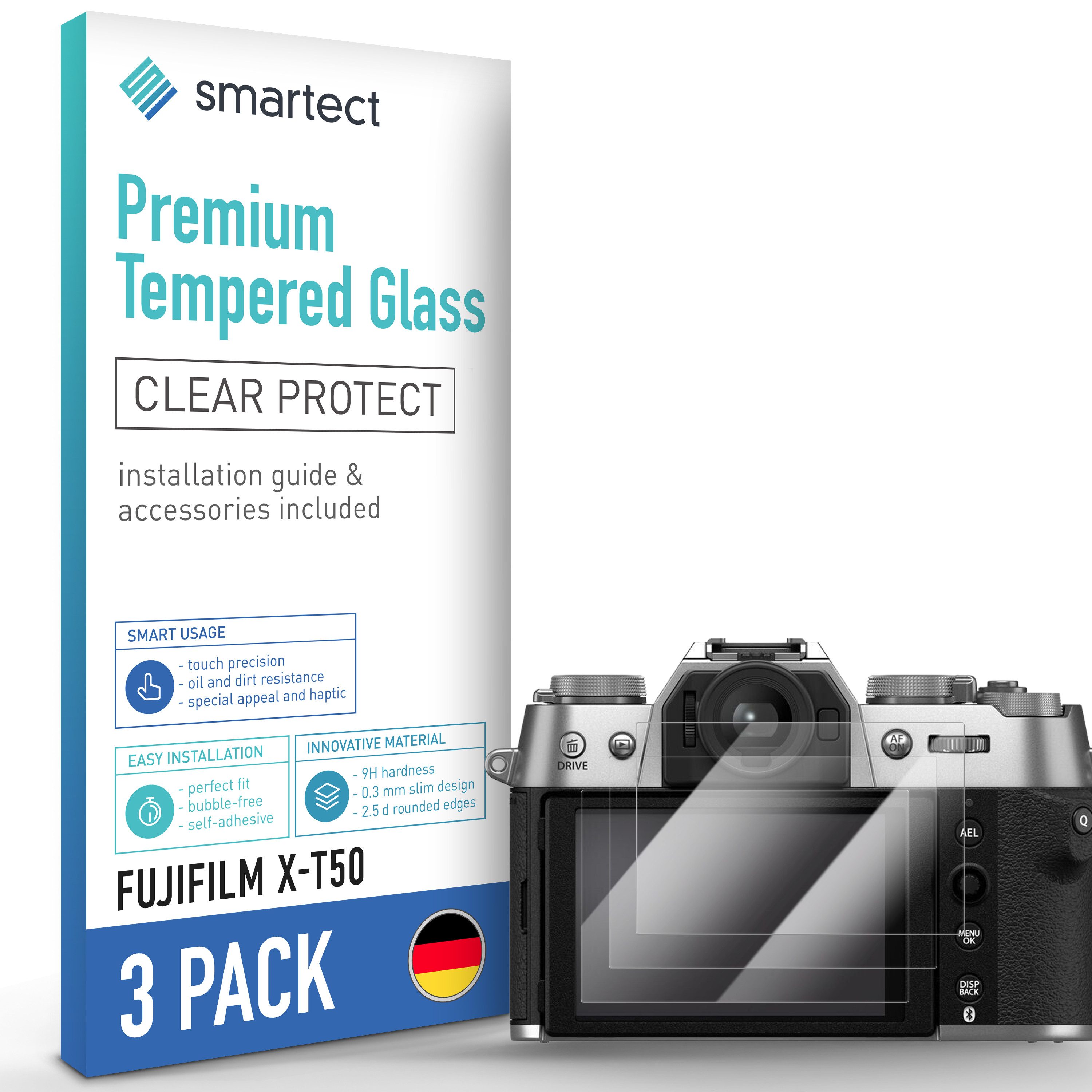 smartect Displayschutzglas Schutzglas Panzerfolie Klar für Fujifilm X-T50, Set, 3 Stück, Schutzfolie Glasschutz Bildschirm