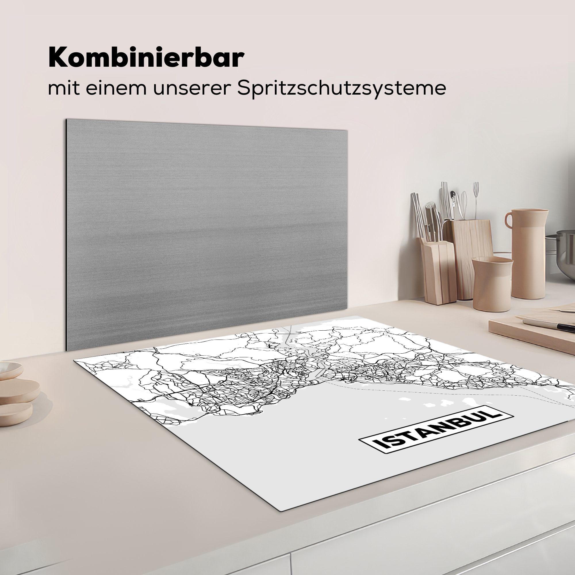Vinyl, Istanbul tlg), (1 Schwarz 78x78 küche Arbeitsplatte Stadtplan, Karte für weiß - und - - Ceranfeldabdeckung, cm, Herdblende-/Abdeckplatte MuchoWow