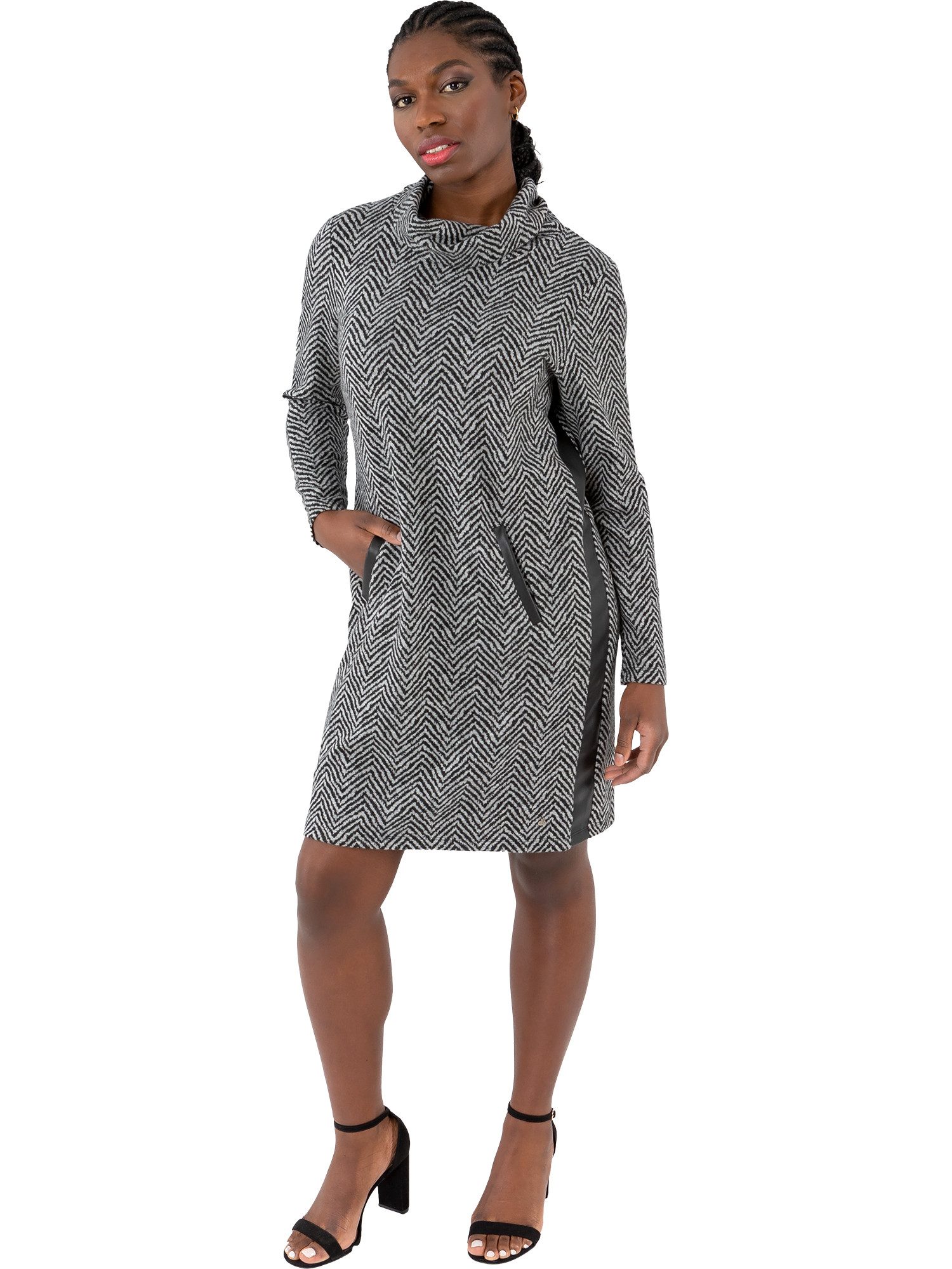 Gio Milano Midikleid G31-5602, Fischgrat mit Schalkragen mit Lederimitat-Galonstreifen