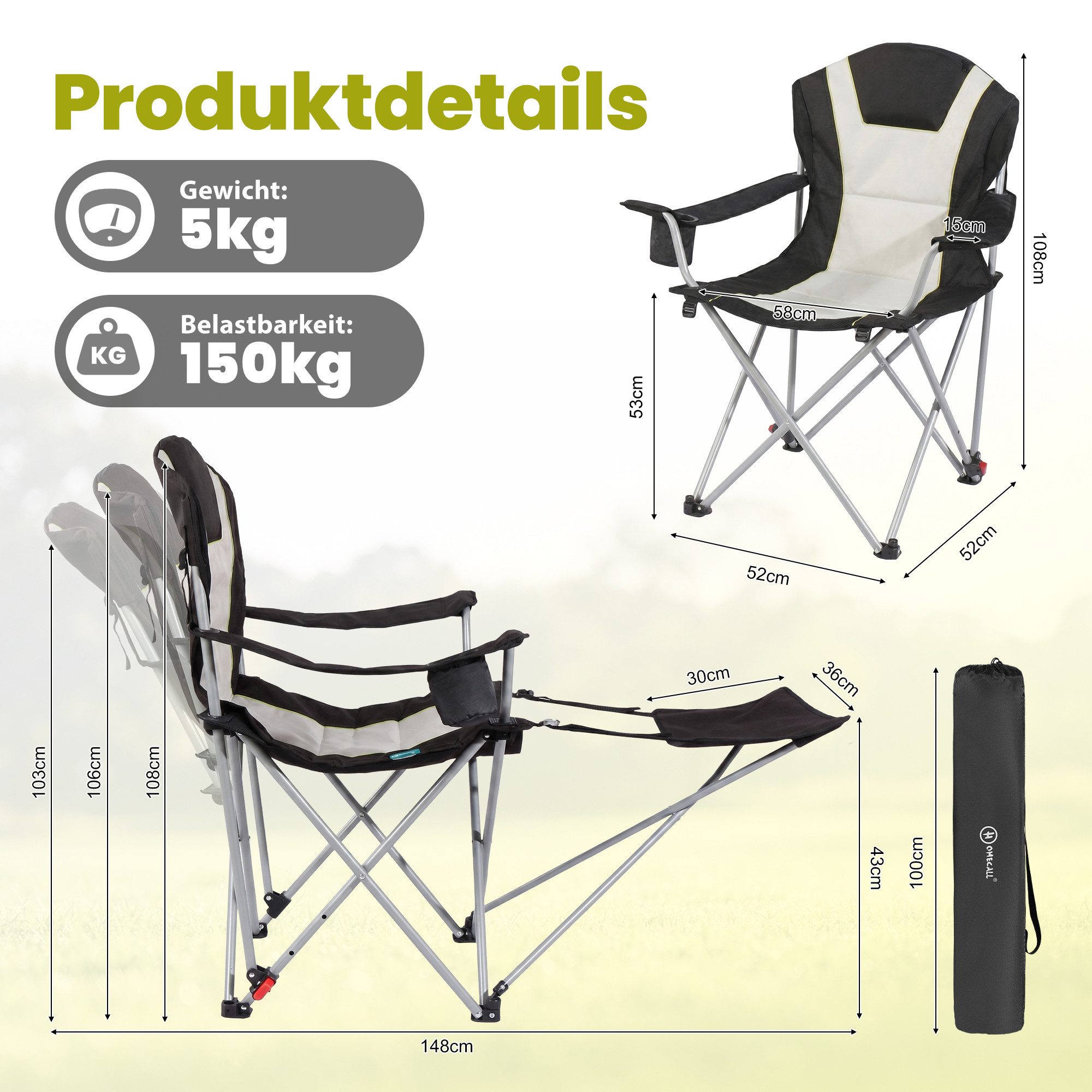 HOMECALL Campingstuhl mit fußstütze Klappstuhl Angelstuhl Faltbar gepolstert gartenstuhl (2-in-1-Funktion gartenstuhl klappbar campingstuhl mit fußablage), 3 fa – Bild 2 von 5