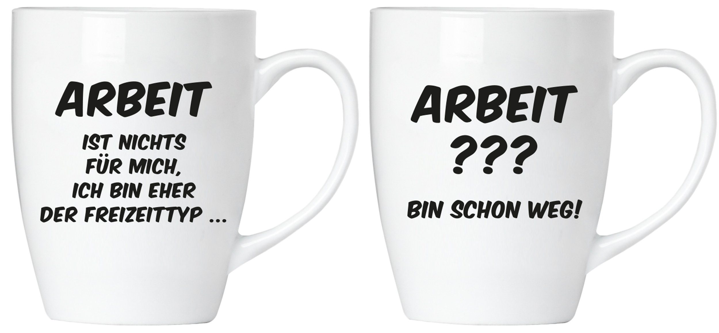 BRUBAKER Tasse Motivtassen "ARBEIT IST ..." und "ARBEIT ???...", 4-tlg., Keramik, 2x Kaffeebecher in Geschenkpackung mit Grußkarte - mit Spruch lustig