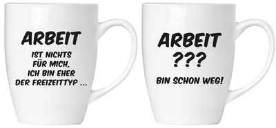 BRUBAKER Tasse Motivtassen "ARBEIT IST ..." und "ARBEIT ???...", Keramik, 2er-Set Kaffeebecher in Geschenkpackung mit Grußkarte, Kaffeetassen Geschenkset Büro, Tassen mit Spruch lustig