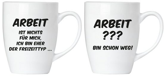 BRUBAKER Tasse »Motivtassen "ARBEIT IST ..." und "ARBEIT ???..."«, Keramik, 2er-Set Kaffeebecher in Geschenkpackung mit Grußkarte, Kaffeetassen Geschenkset Büro, Tassen mit Spruch lustig
