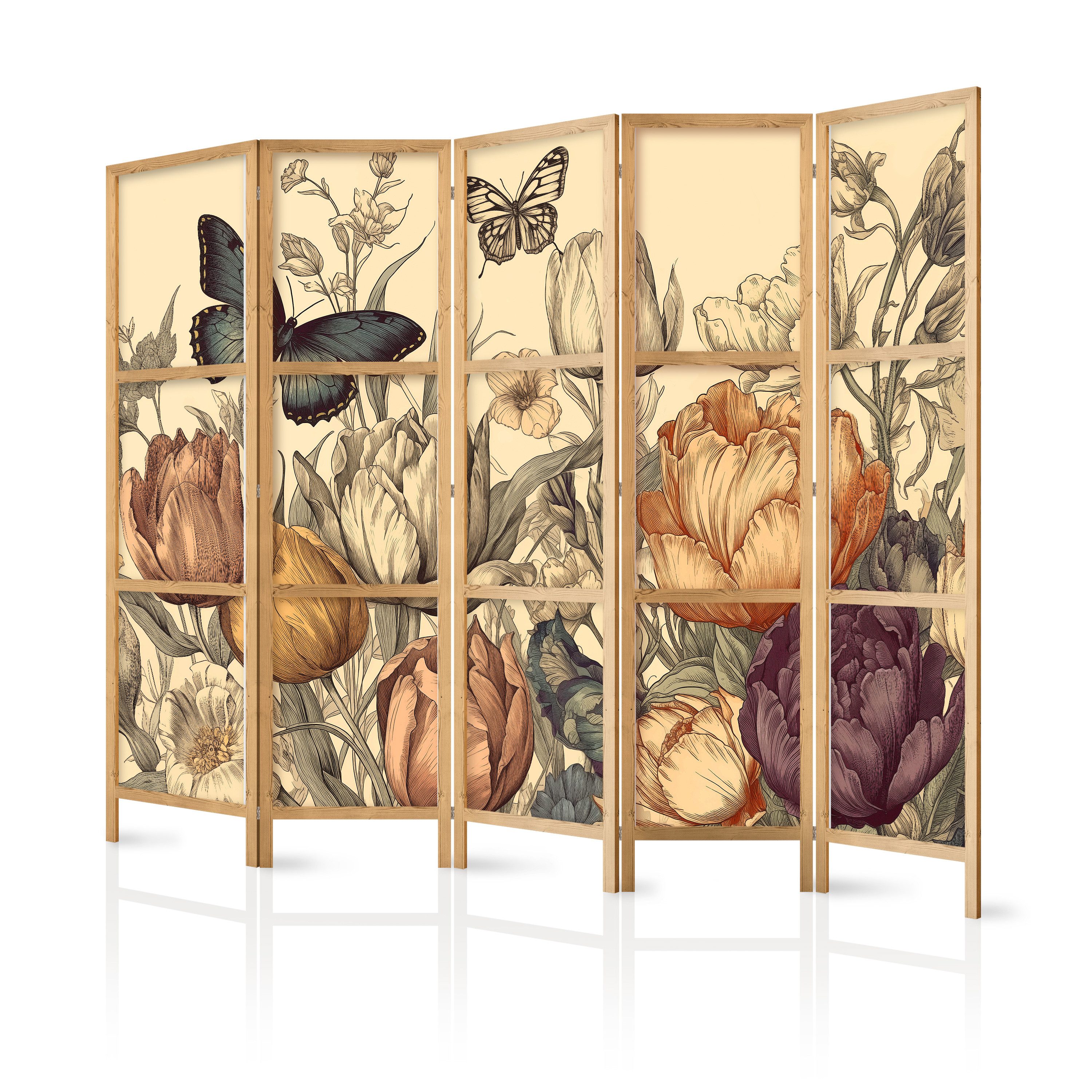 Muralo Paravent 5-teilig Japanischer Paravent klappbar Wiesen-Tulpen (Packung, 1 St., 225x172 cm), Für das Wohnzimmer, das Schlafzimmer