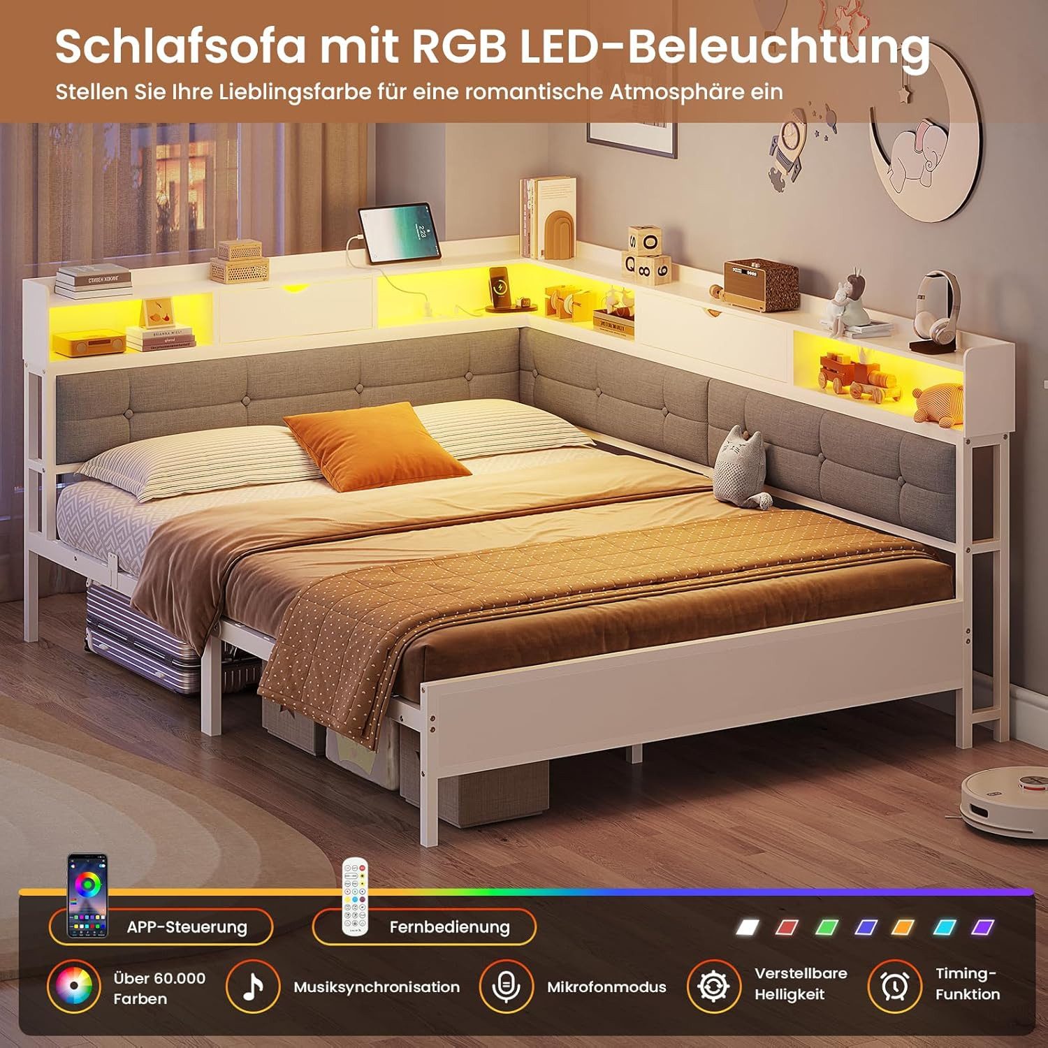 MSMASK Polsterbett Daybett Jugendbett mit LED-Beleuchtung und USB-Ladestation (Ohne Matratze), Bettgestell mit Lattenrost aus Metall,140x200 – Bild 4 von 5