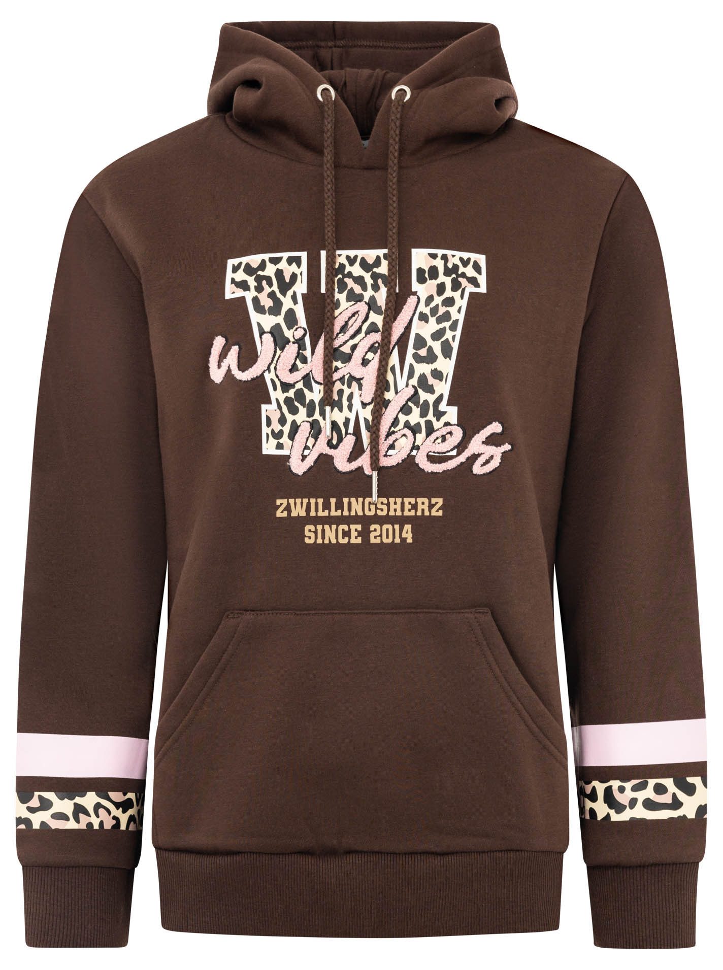 Zwillingsherz Hoodie "Wild Vibes College" Frontmotiv, Leo Details, Kapuze mit Kordel, Streifen am Arm