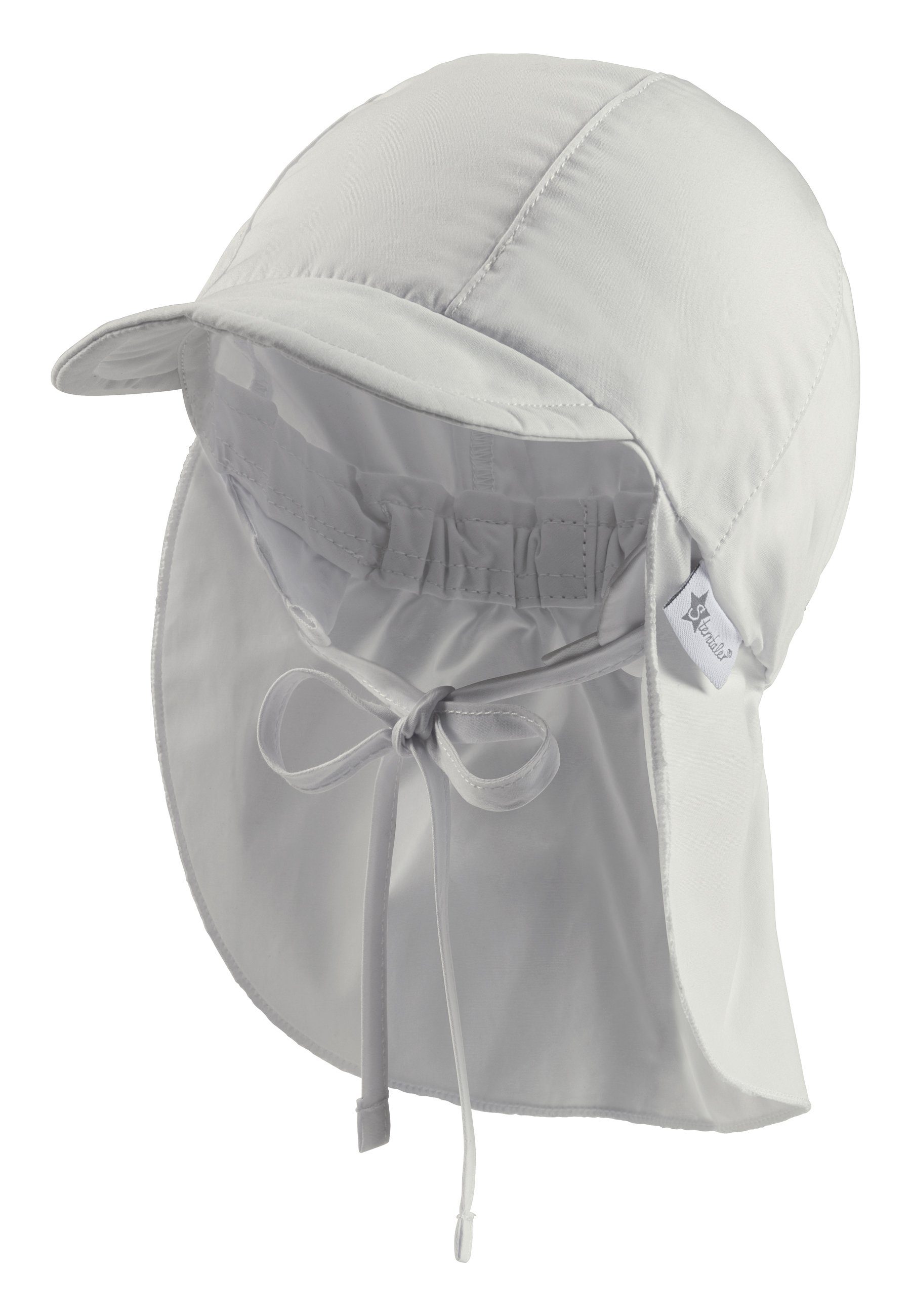 Sterntaler® Schirmmütze Schirmmütze mit 50+ (1-St., Nackenschutz und Sommermütze Sonnenschutz idealer Kinder) mit hell-grau Kinderhut für Bindeband UV-Popeline UV-Schutz aus