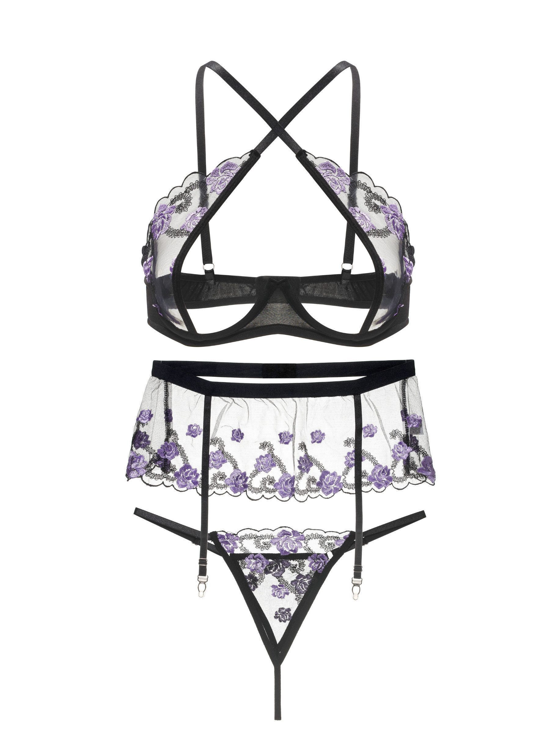 Elegant Love Set: Bügel-BH Sexy Dessous-Set, Unterwäsche-Set (Set, 3-tlg., Spitze Bralette BH, G-String, Strumpfhalter) Lingerie-Set, Reizwäsche – Bild 2 von 5