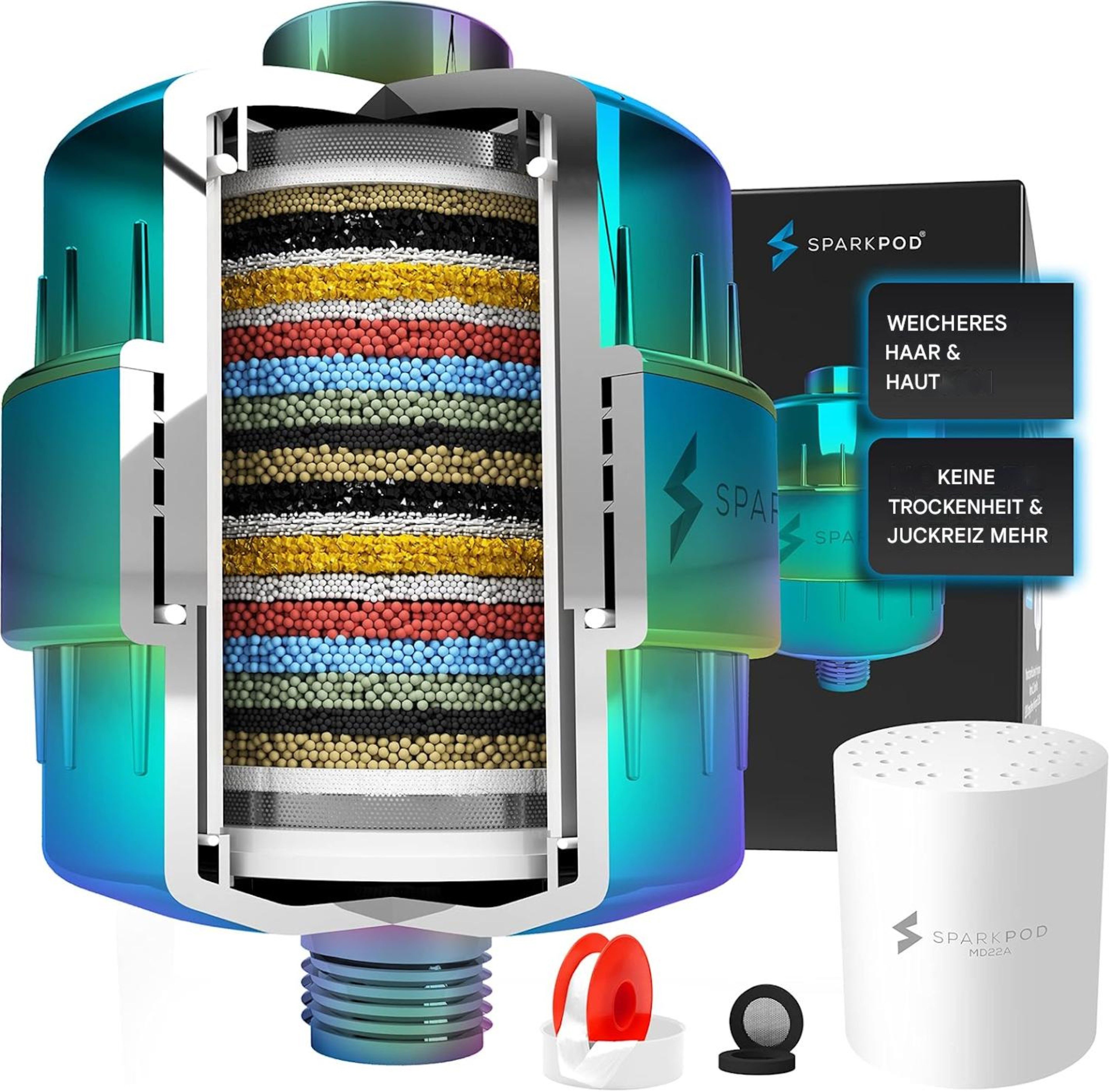 sparkpod Filter-Set Dusche Badewanne Hochleistungs-Duschfilter für Hautpflege, Zubehör für Alle handelsüblichen Duschköpfe mit ½-Zoll-Standardanschluss, Effektiver Duschfilter mit Hochleistung gegen Kalk, Chlor & Co