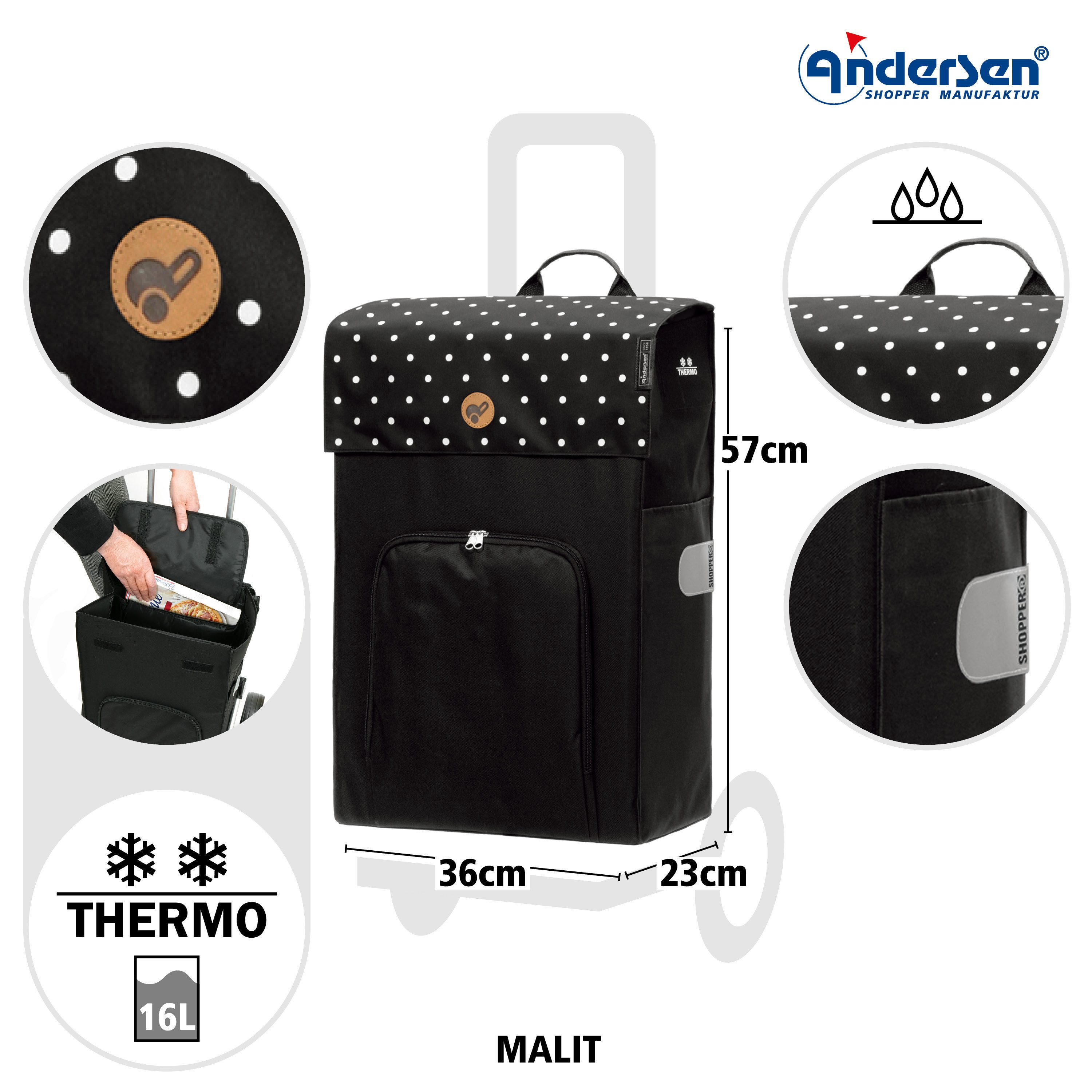 Andersen Einkaufstrolley Komfort Shopper Malit schwarz, Thermofach 16 Liter, klappbar, belastbar bis 50kg, wasserabweisend