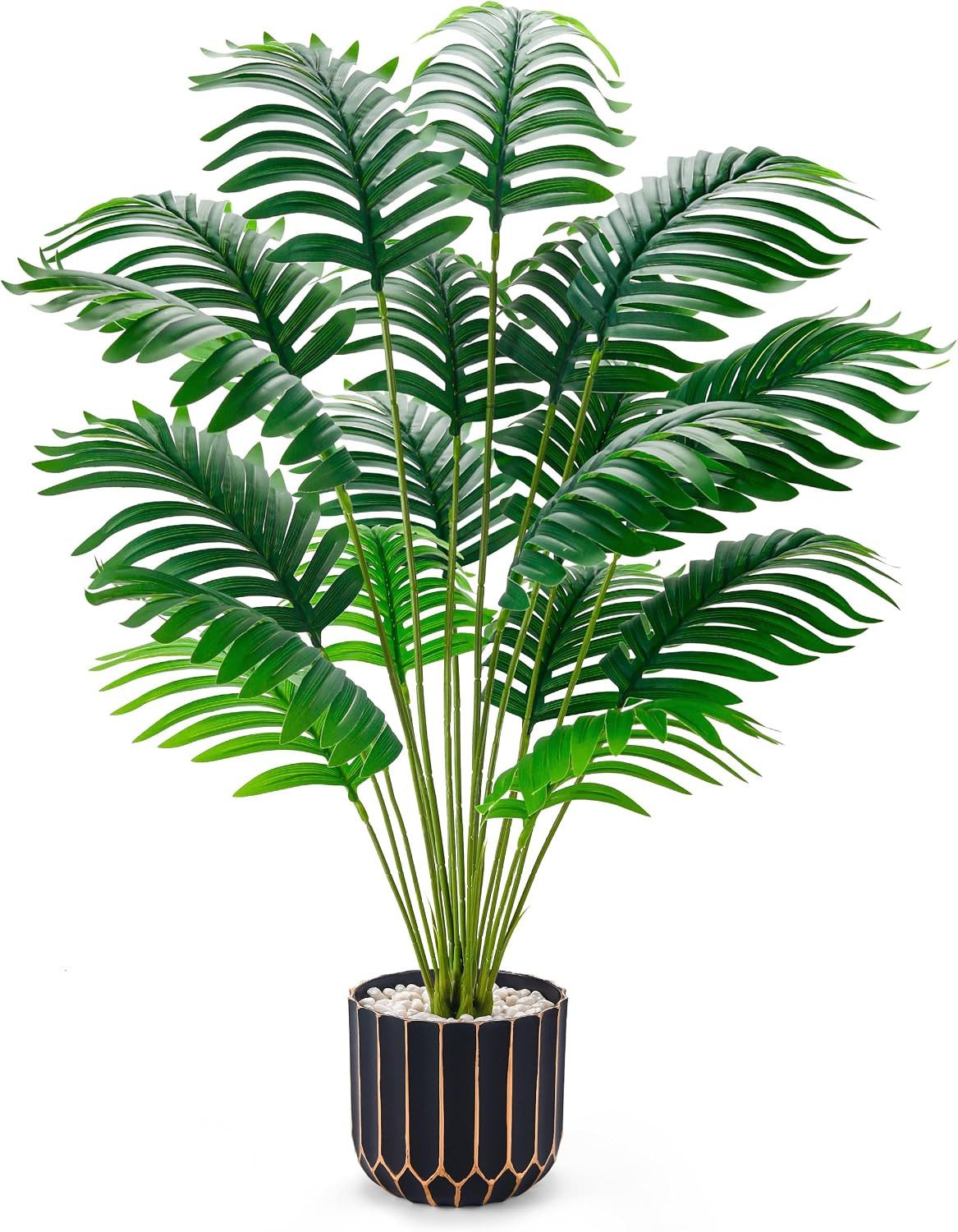 Kunstpalme Künstliche Palme 70 cm im schwarz-goldenen Topf, Kunstpflanze Deko Künstliche Palme mit künstlichem Moos-Geruchlos, Pflegeleicht, Stabil, Pflegefrei für Innen & halboffene Bereiche, SURFOU, Höhe 90 cm, Schlafzimmer, Wohnzimmer, Büros, Einkaufszentren, Hotels, Restaurants
