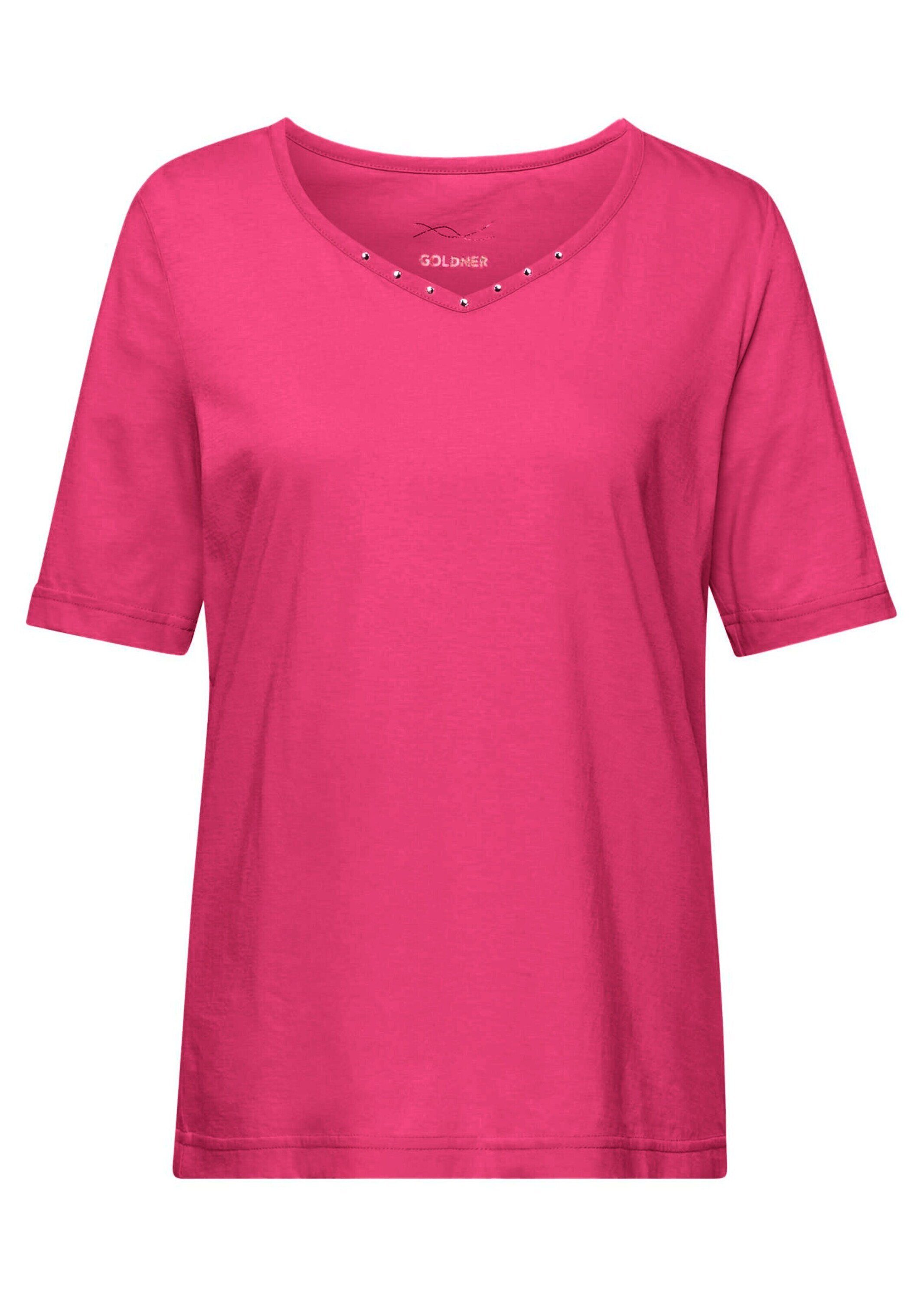 GOLDNER T-Shirt Kurzgröße: Halbarm Basic-Shirt aus Baumwolle Herzausschnitt mit funkelnden Details, bequeme Passform