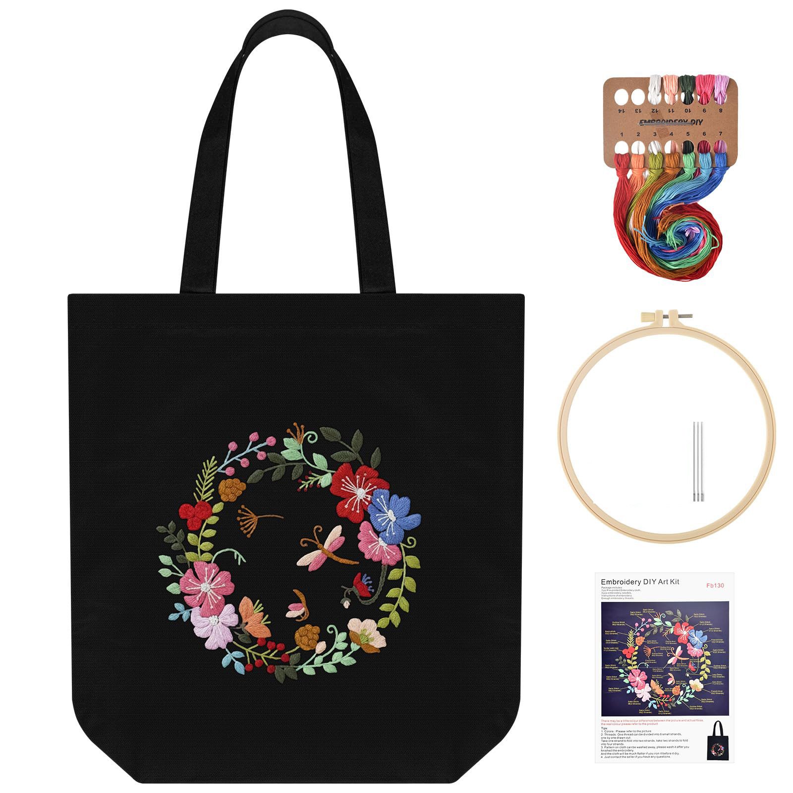 Agger Kreativset Stickset für eine Canvas-Tragetasche Stofftasche Schultertasche Damen, Handstick-Set für Anfänger mit Blumen-Design Blumen-Stickset