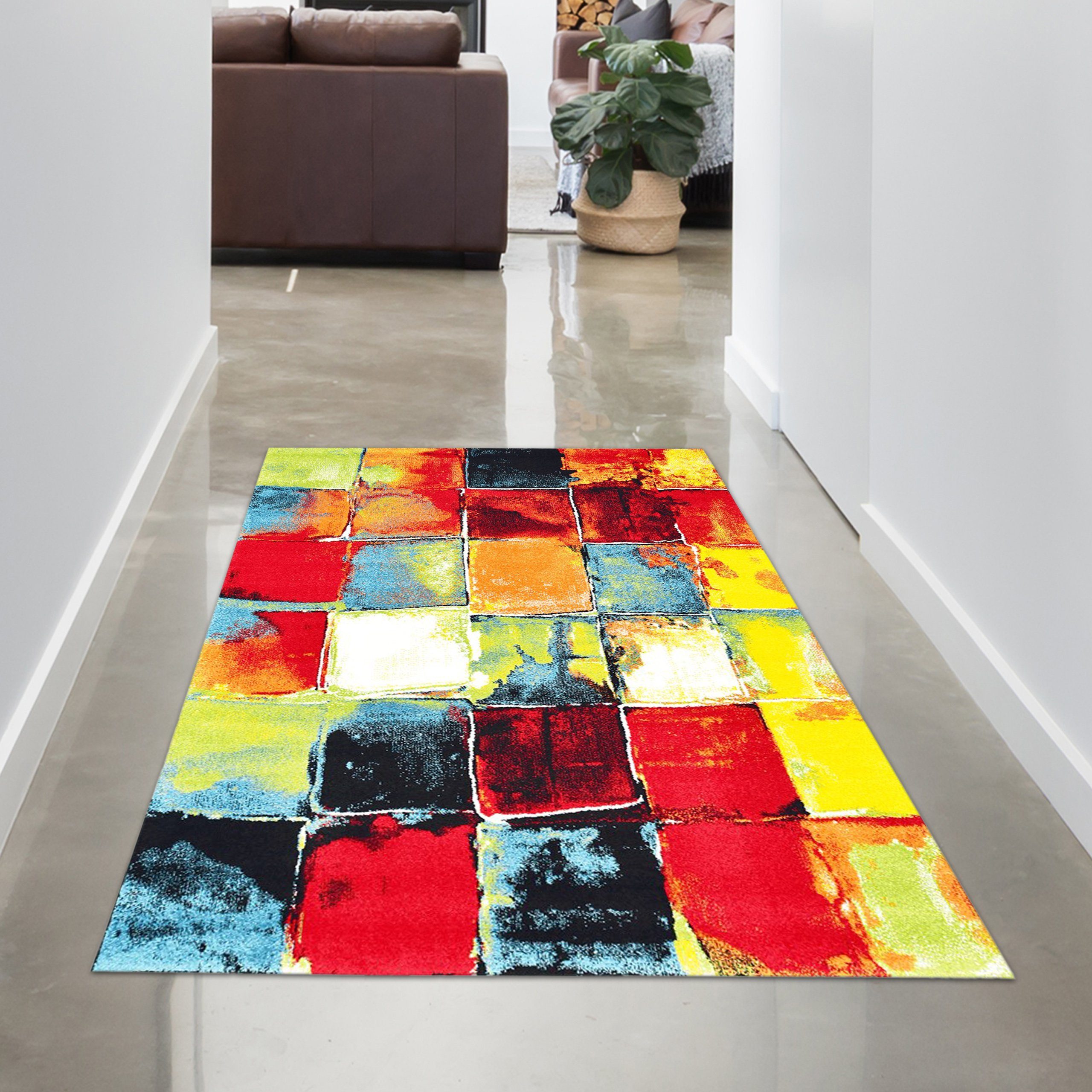 Teppich Moderner Designer Teppich mehrfarbige Quadrate orange grün,  Carpetia, rechteckig, Höhe: 13 mm, Allergiker-freundlich