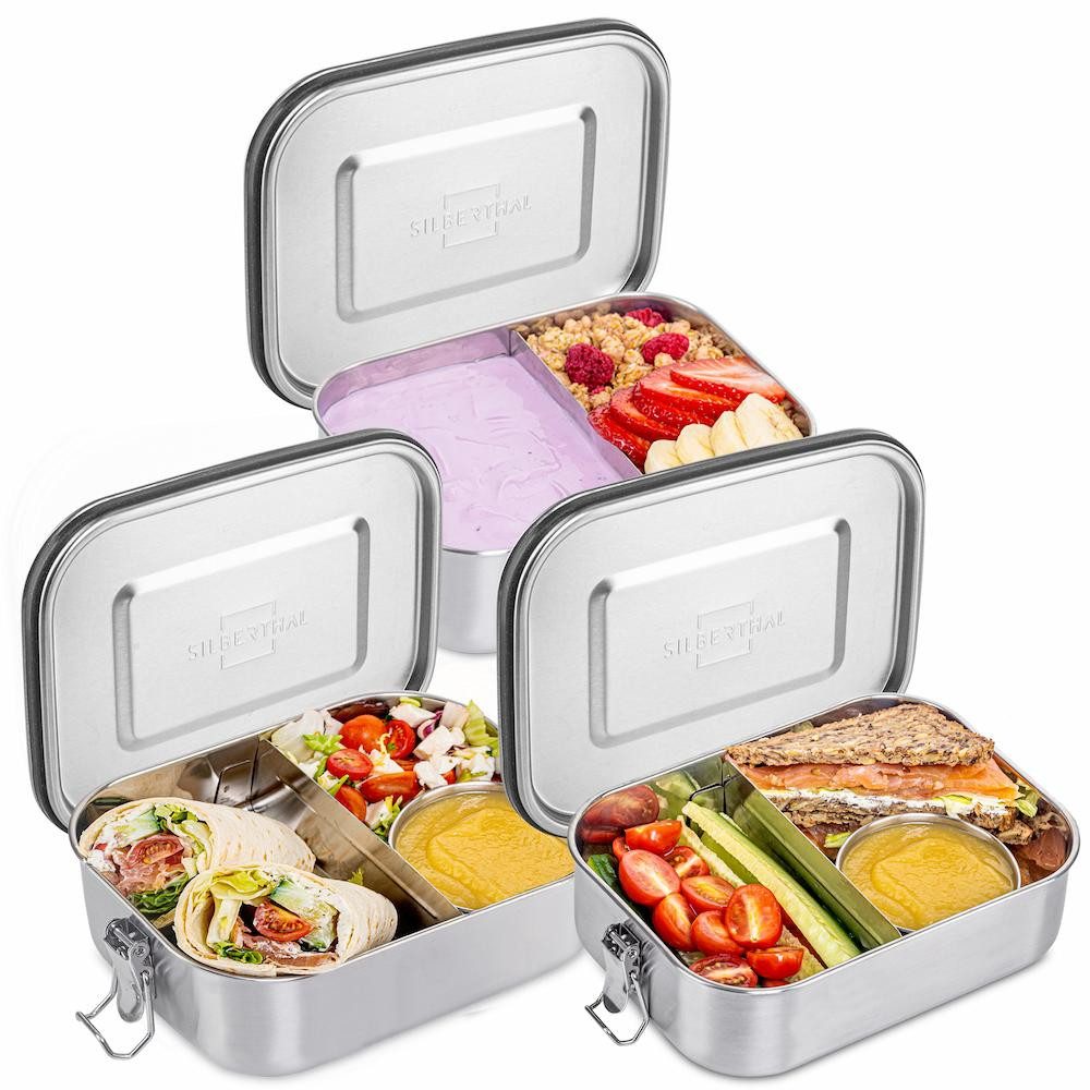 SILBERTHAL Lunchbox Brotdose Edelstahl Set, Edelstahl, (spülmaschinenfest, Jausebox mit Trennwand, 3-tlg), luftdicht und auslaufsichere Brotboxen