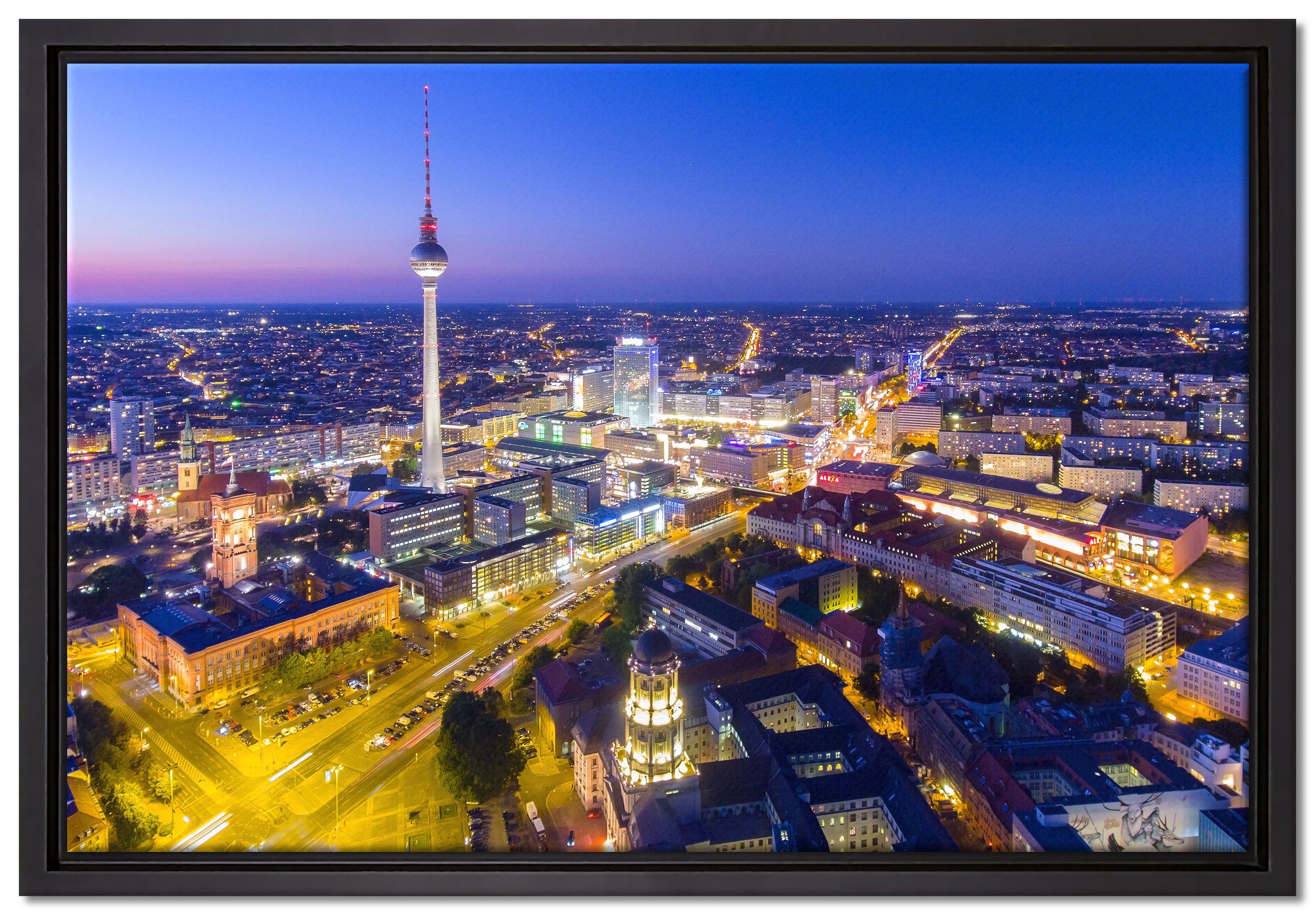 Pixxprint Leinwandbild Berlin City Panorama, Wanddekoration (1 St), Leinwandbild fertig bespannt, in einem Schattenfugen-Bilderrahmen gefasst, inkl. Zackenaufhänger