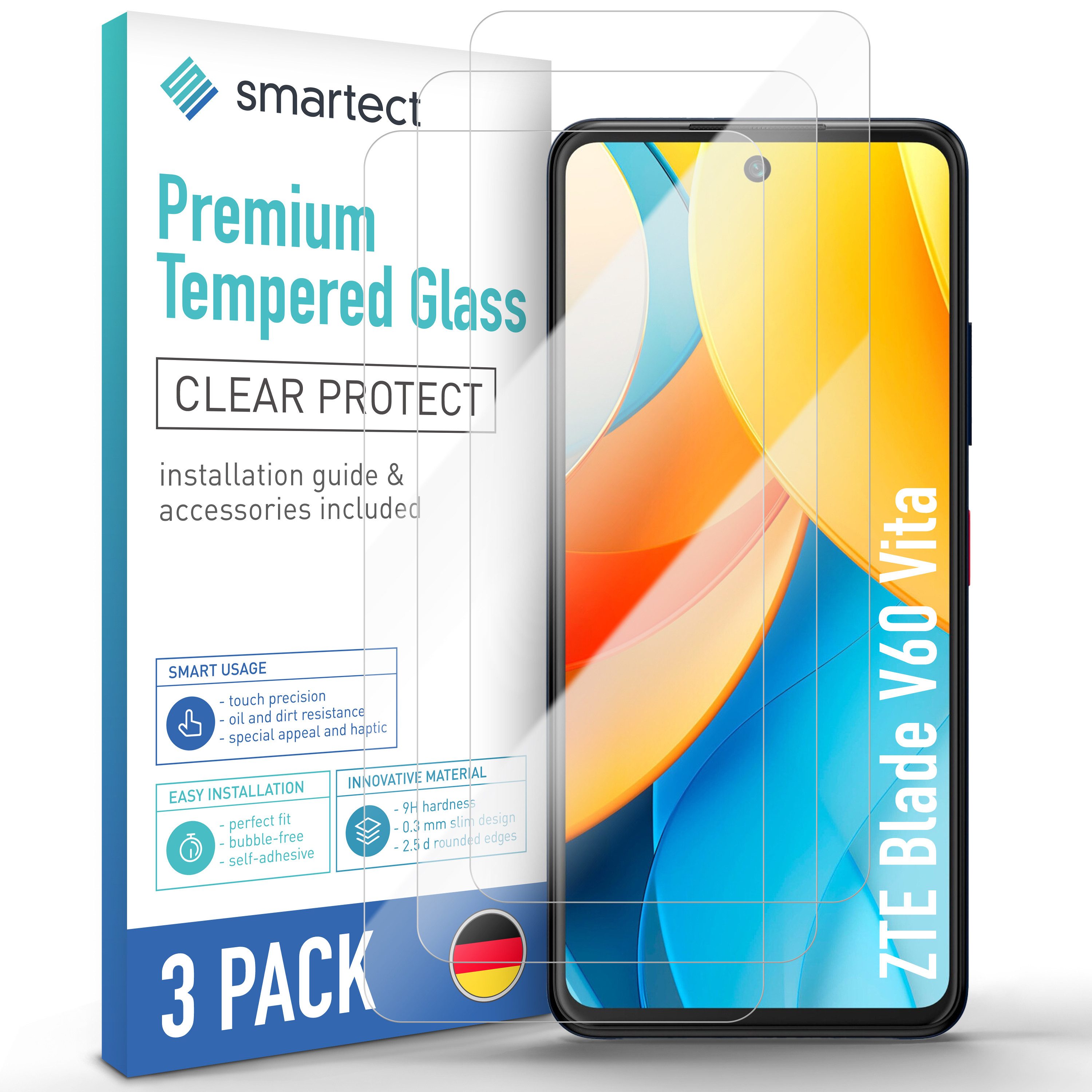 smartect Displayschutzglas Schutzglas Panzerfolie Klar für ZTE Blade V60 Vita, Set, 3 Stück, Schutzfolie Glasschutz Bildschirm