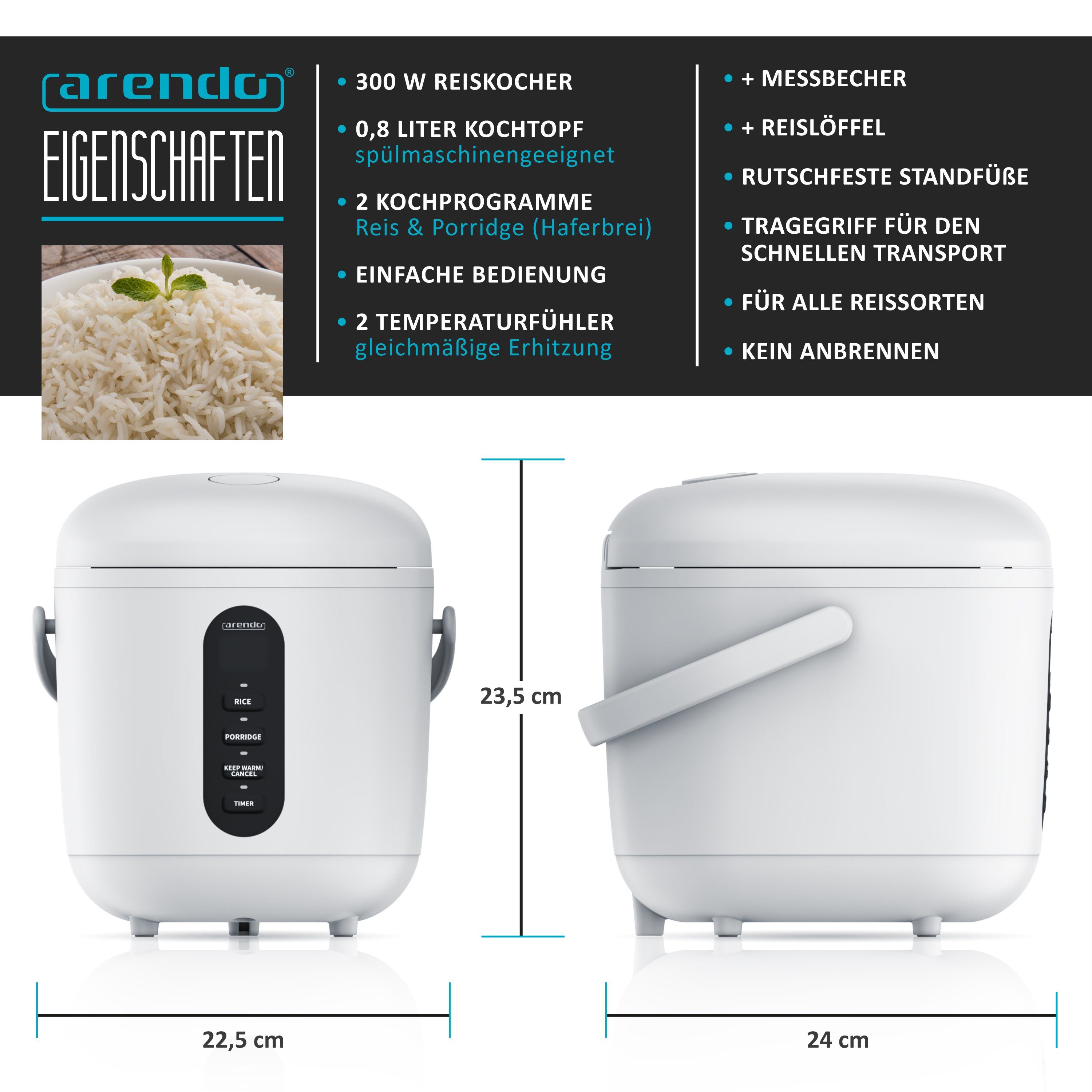 Arendo Reiskocher 0,8l, Messbecher & Reislöffel, Kochprogramme, Timer, Warmhaltefunktion, 300 W, 300 W, für Reis und Porridge, Innentopf Spülmaschinen geeignet