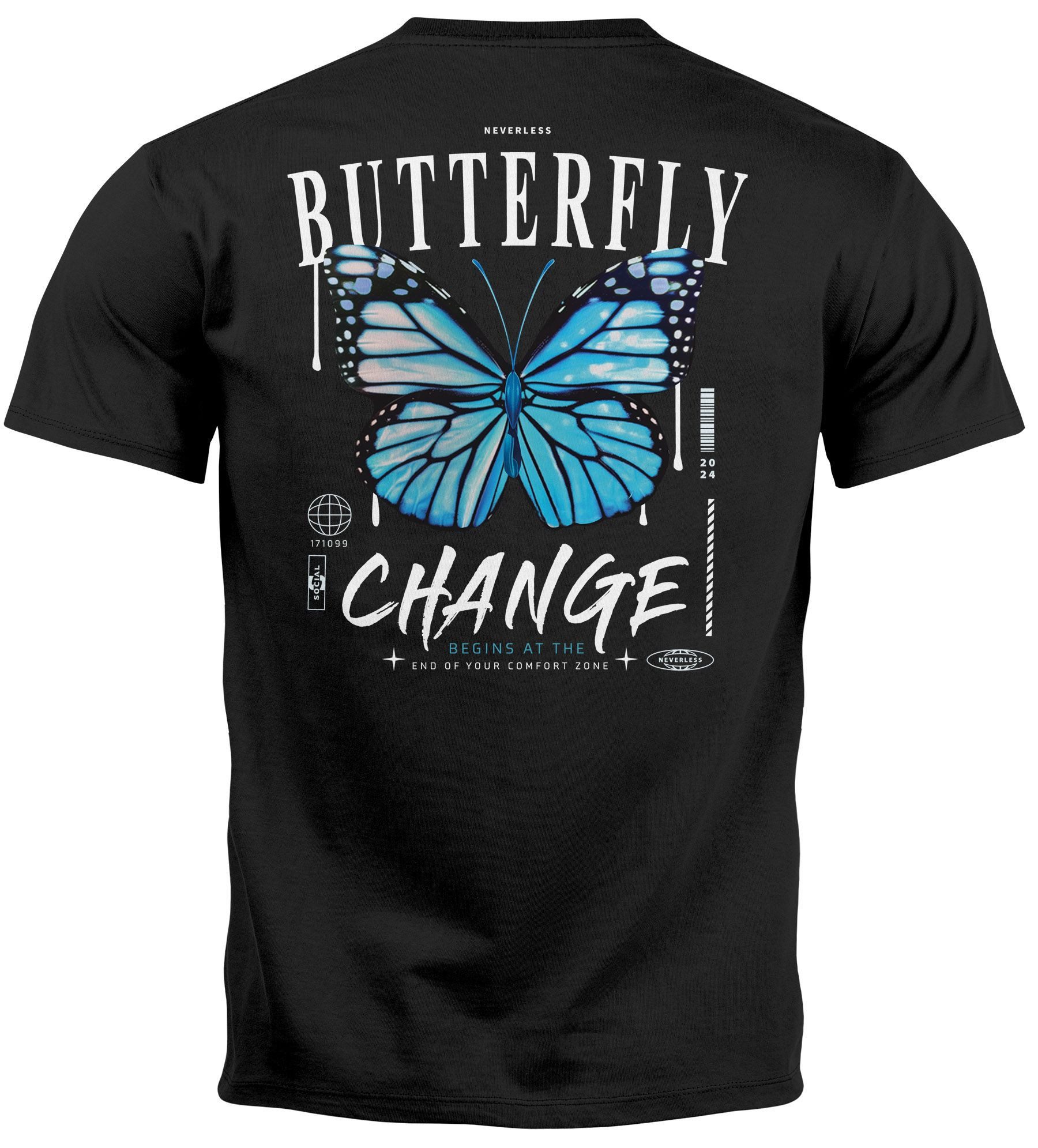 Neverless Print-Shirt Herren T-Shirt Backprint Schmetterling Butterfly Grafik Printshirt mit Print