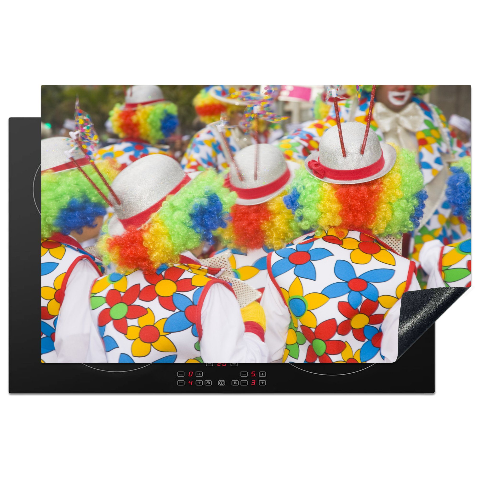 MuchoWow Herdblende-/Abdeckplatte Kinder als Clowns bei Straßenumzügen im Karneval, Vinyl, (1 tlg), 81x52 cm, Induktionskochfeld Schutz für die küche, Ceranfeldabdeckung