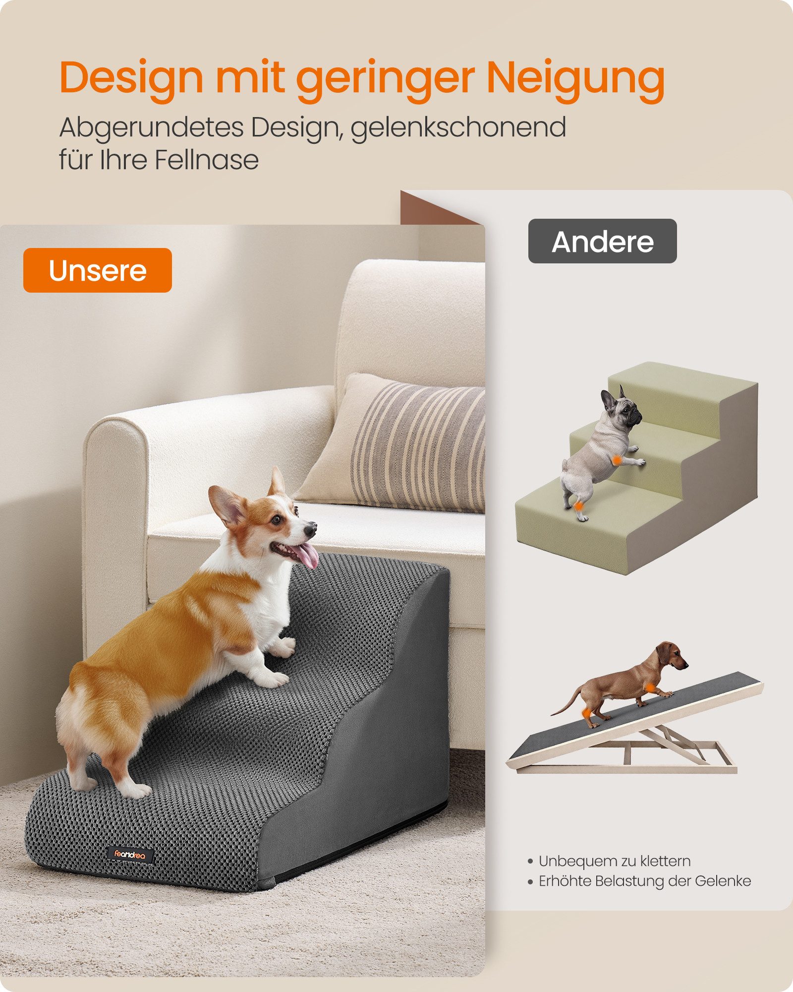 FEANDREA Haustiertreppe 2/3/4-stufig-Hundetreppe,waschbar,rutschfest geringe Neigung für Bett