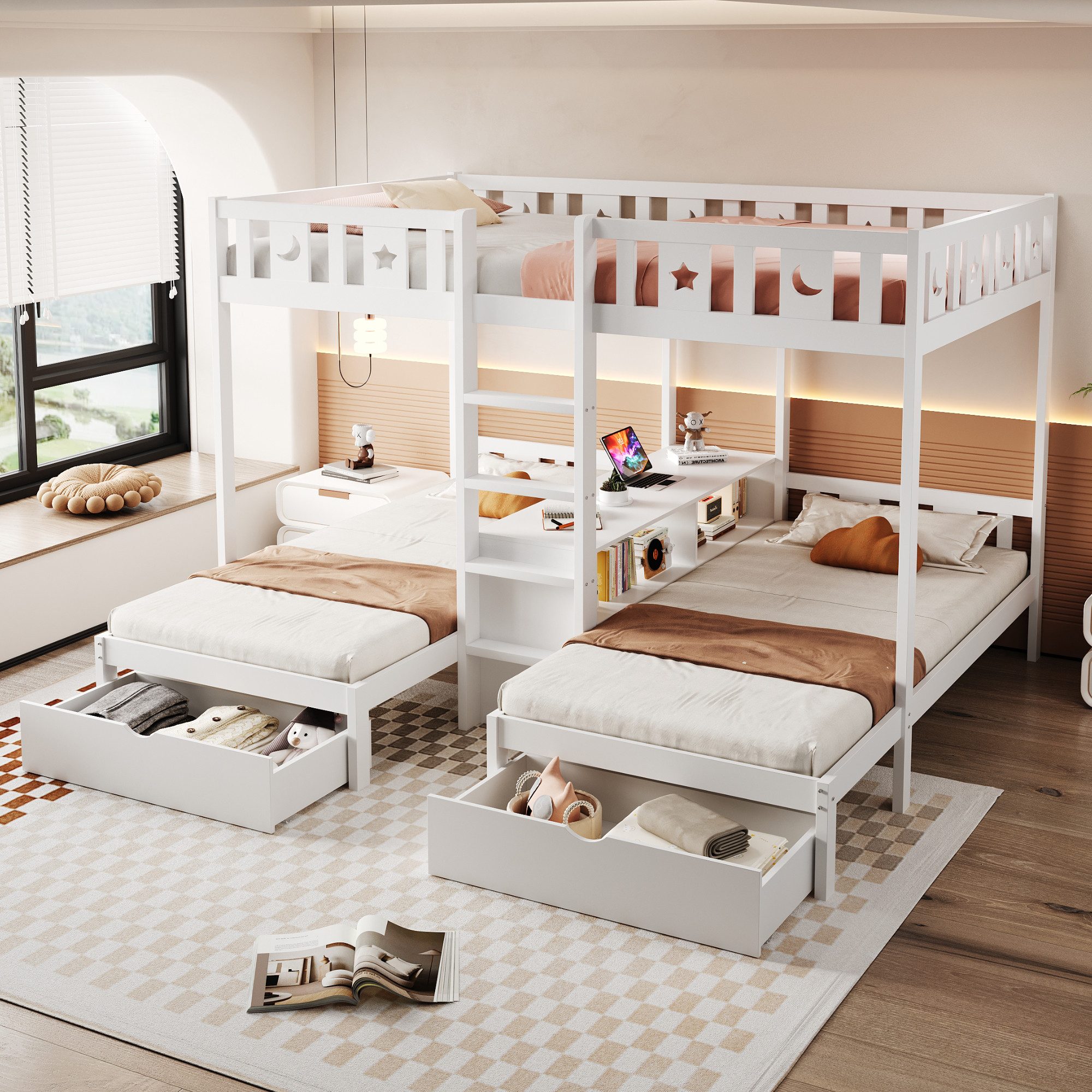 Flieks Etagenbett, Dreierbett 140×220cm*1 & 90×200cm*2 mit mittlerem Stauraum, Schubladen