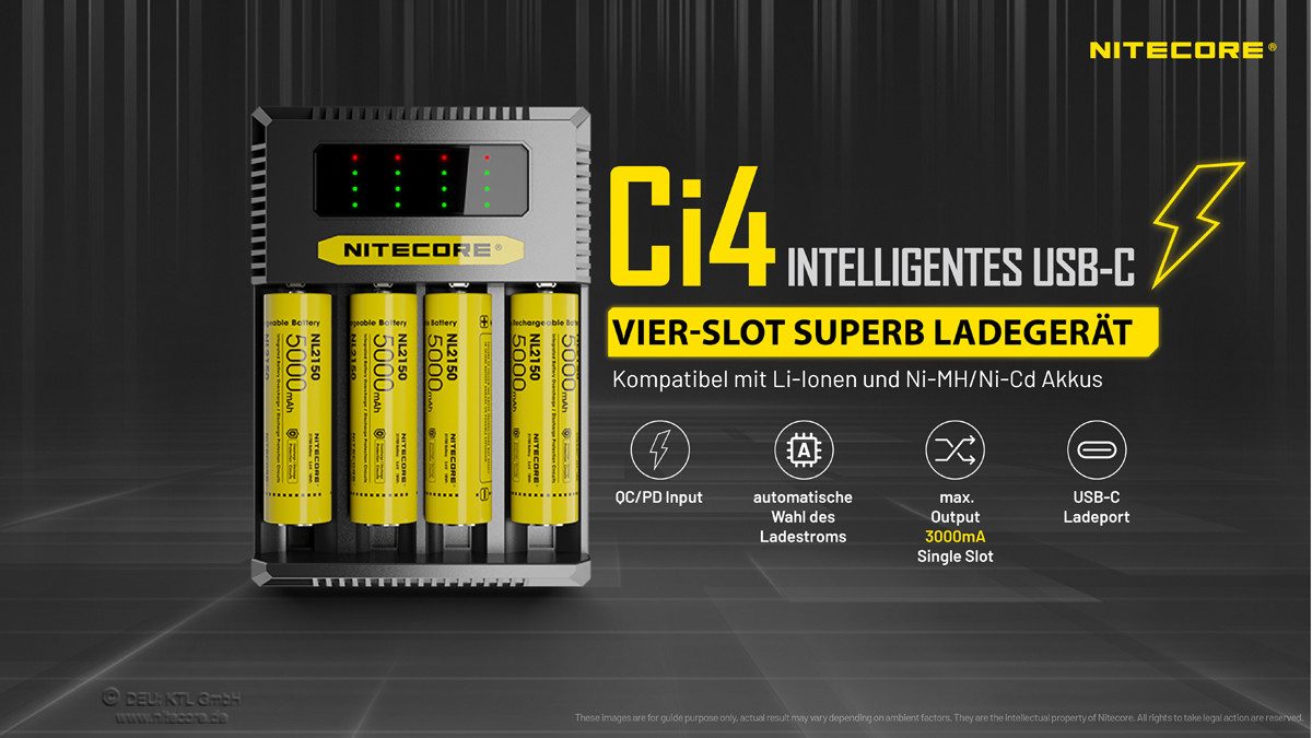 Nitecore CI4 USB-C Ladegerät für 4 Akkus Li-Ionen oder Ni-Mh USB-Ladegerät (1-tlg)