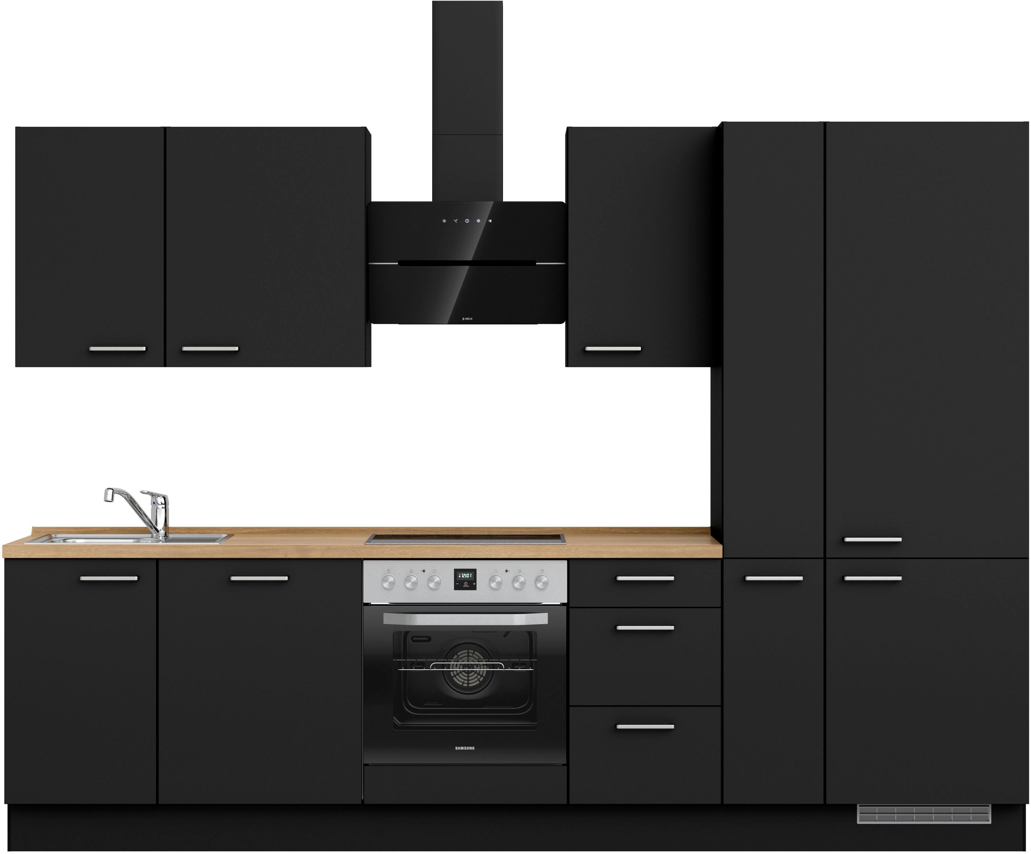 Front: Lacklaminat schwarz supermatt | Korpus: schwarz | Arbeitsplatte: Eiche Sierra Nachbildung
