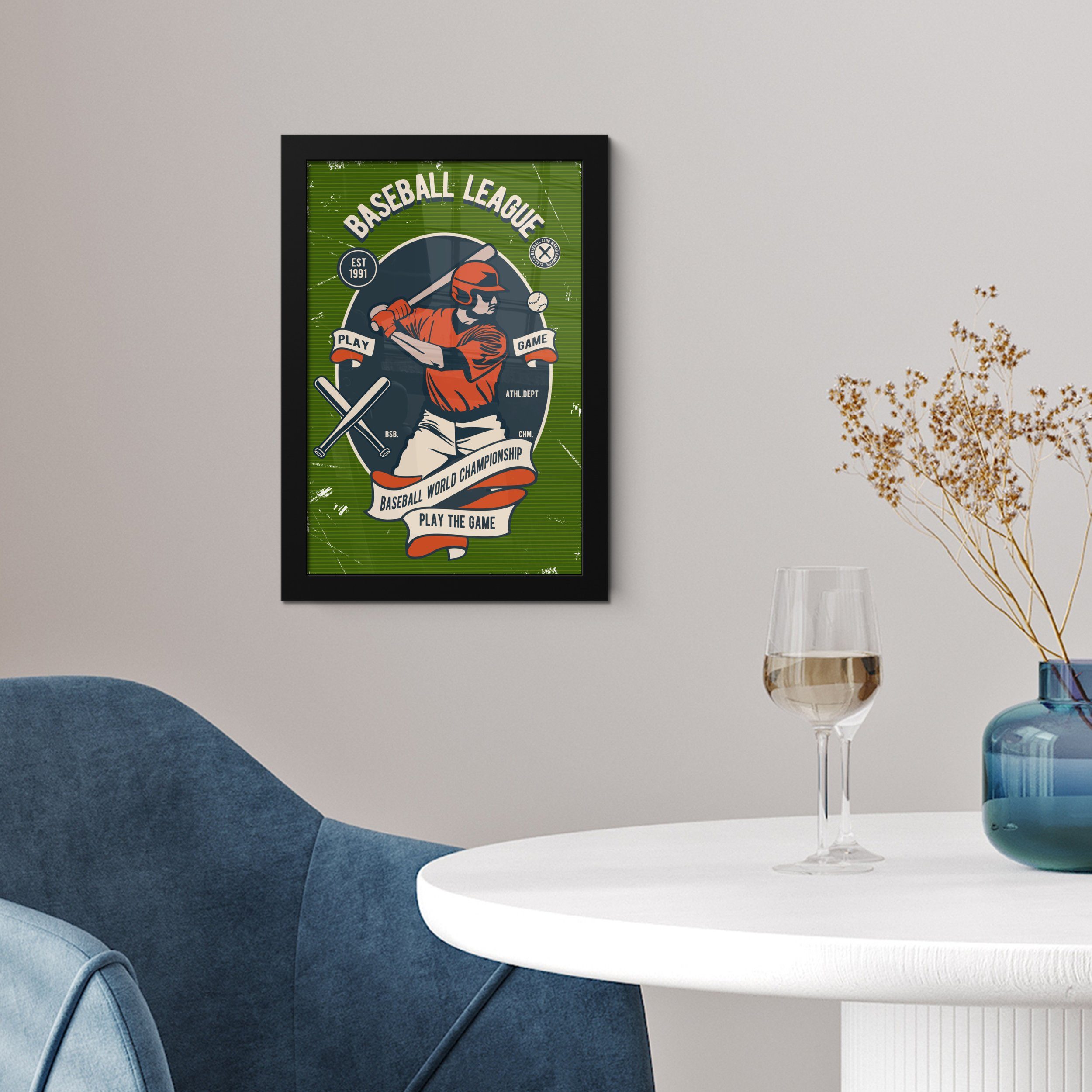 MuchoWow Poster Baseball Vintage, St), - - (1 Bilderrahmen Schläger Schwarzem Wanddeko, Bilder, Wandposter, Poster, Gerahmtes