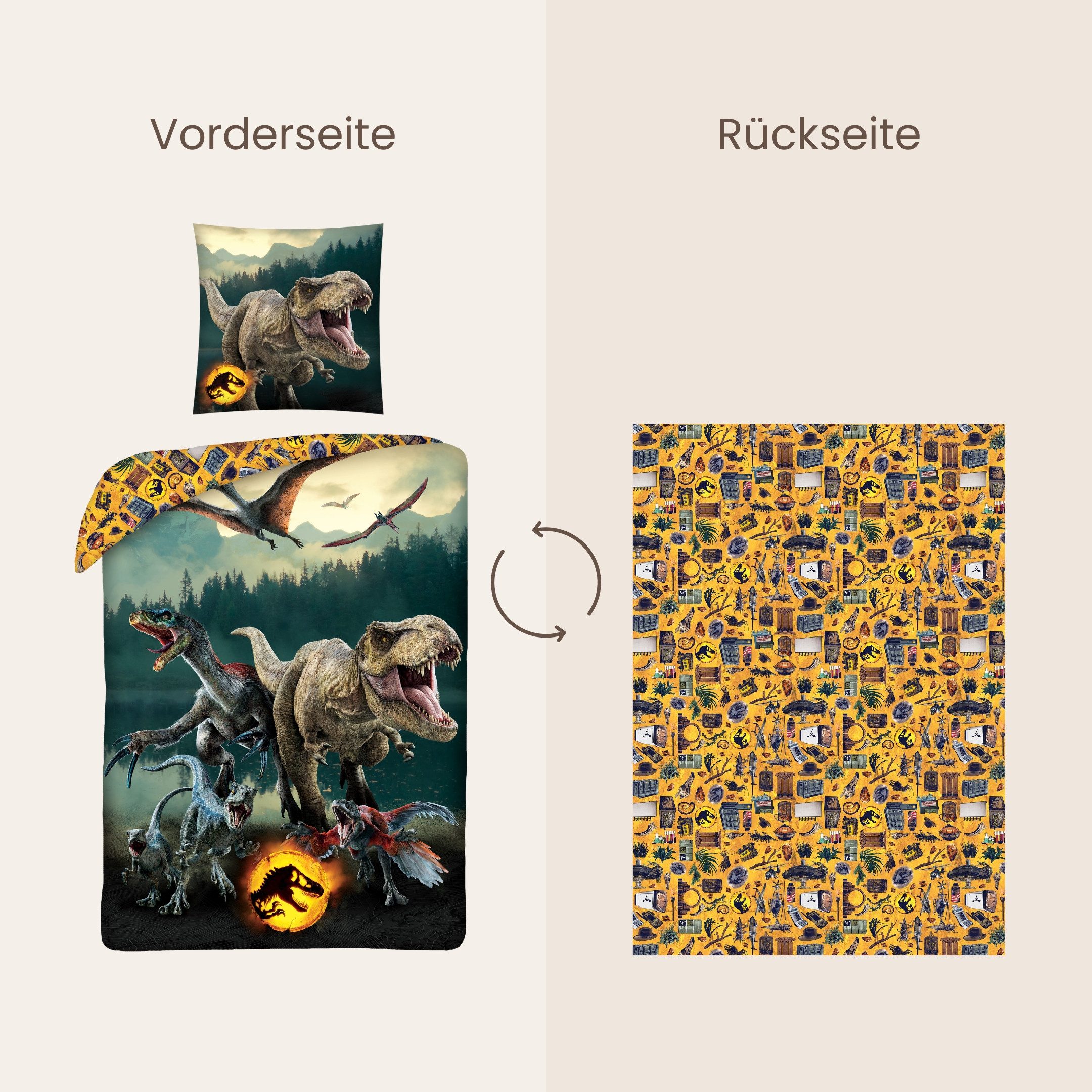 MTOnlinehandel Bettwäsche Jurassic World Dinosaurier 135x200 + 80x80 cm, 100 % Baumwolle, Renforcé, 2 teilig, Dino JW: Ein neues Zeitalter Kinder- und Teenagerbettwäsche