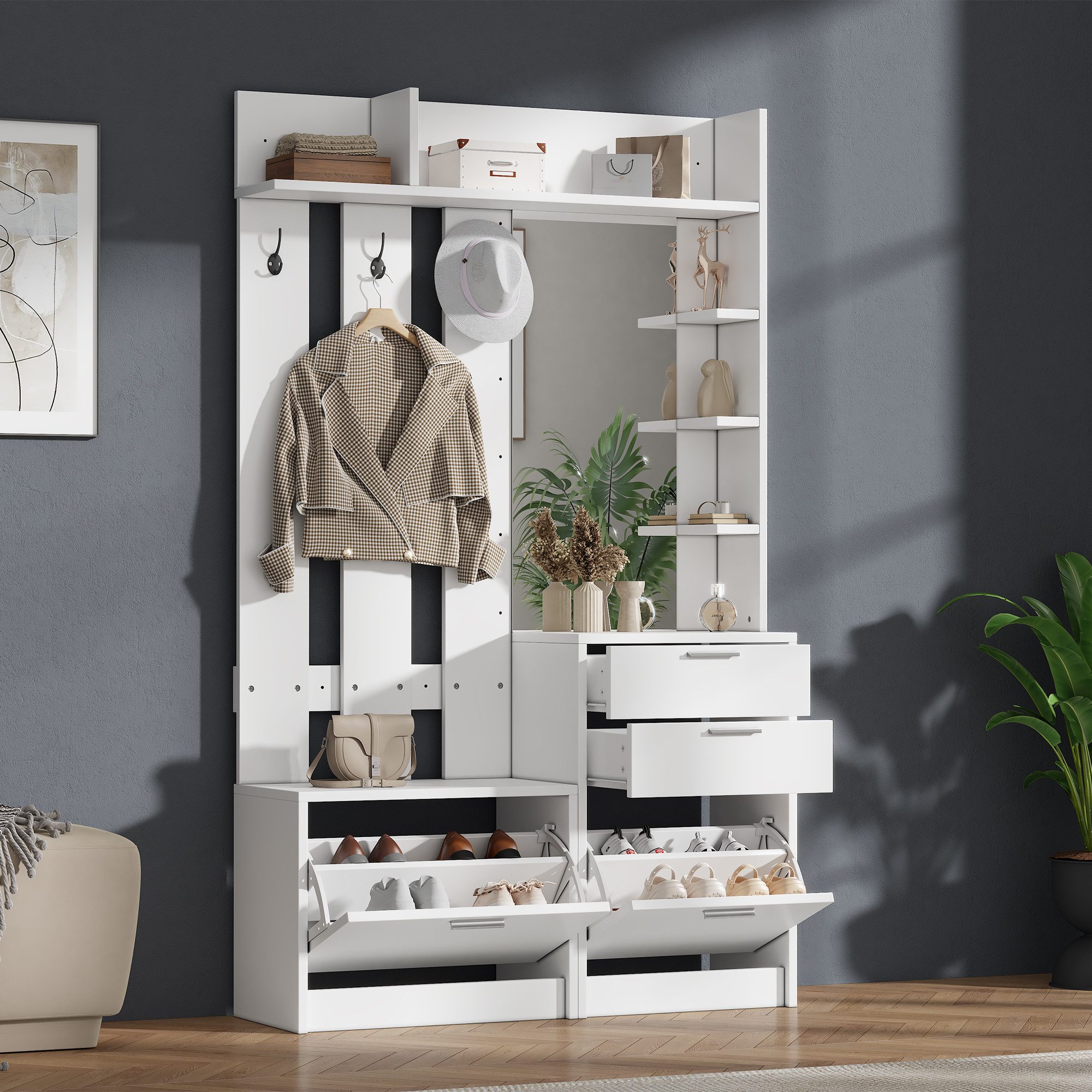Merax Garderobe mit Spiegel und 2 ausklappbaren Schuhschränken (multifunktionaler Garderobenschrank, 1 St), Flurgarderobe mit 2 Schubladen, 3 Haken und 3 Regalböden, 110x34x185cm