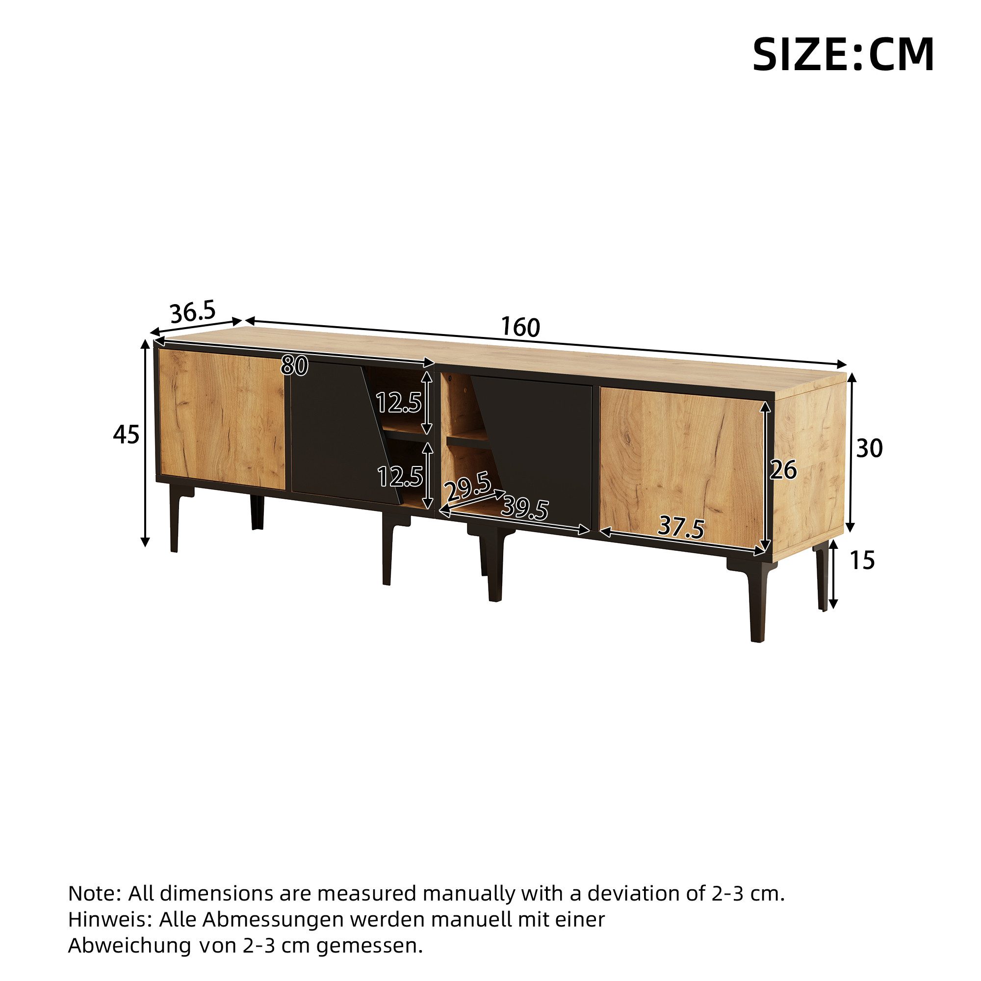 KLAM HOME Lowboard Lowboard TV Unterschrank 160cm Mit 4 Schrankfächern (Für Fernseher Bis 65 Zoll In Naturholz Und Schwarz), Modernes Wohnzimmermöbel Mit 7 Beinen Und 45kg Tragkraft