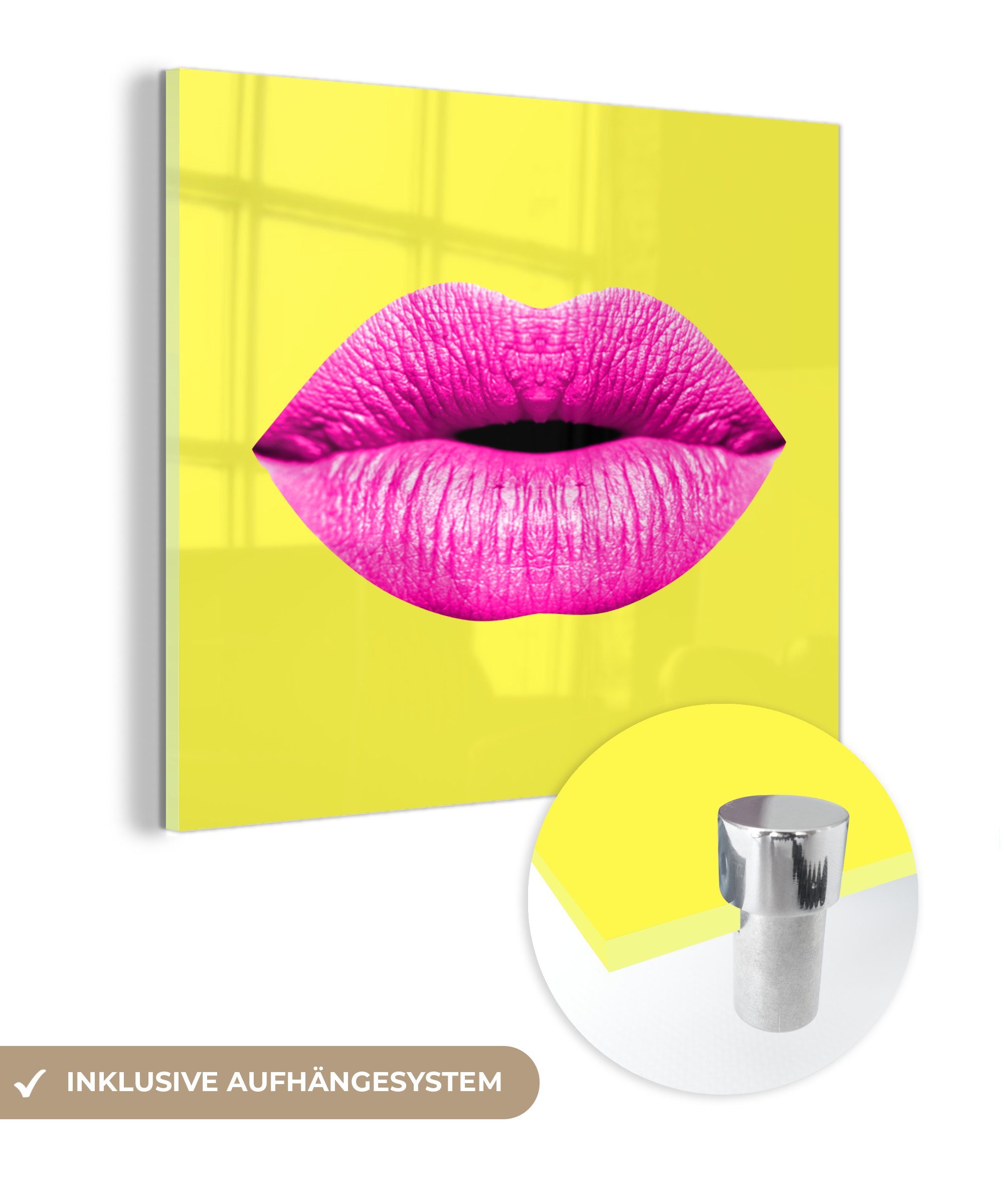St), Foto Acrylglasbild Wanddekoration auf (1 - - Bilder Wandbild Lippen Gelb, - MuchoWow Rosa auf - Glasbilder Glas - Glas