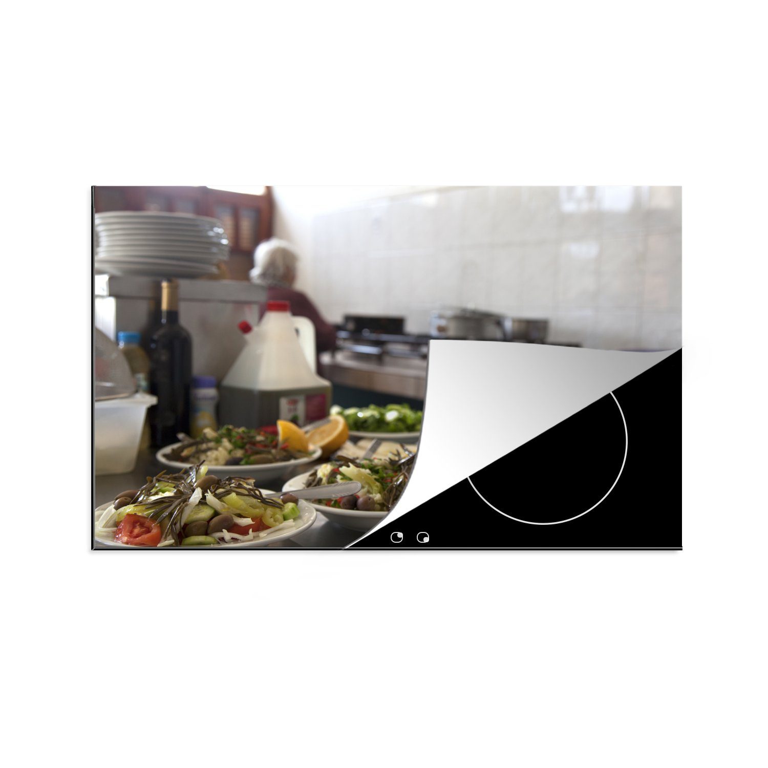 MuchoWow Herdblende-/Abdeckplatte Griechische Salate in der Küche, Vinyl, (1 tlg), 81x52 cm, Induktionskochfeld Schutz für die küche, Ceranfeldabdeckung | Herdabdeckplatten