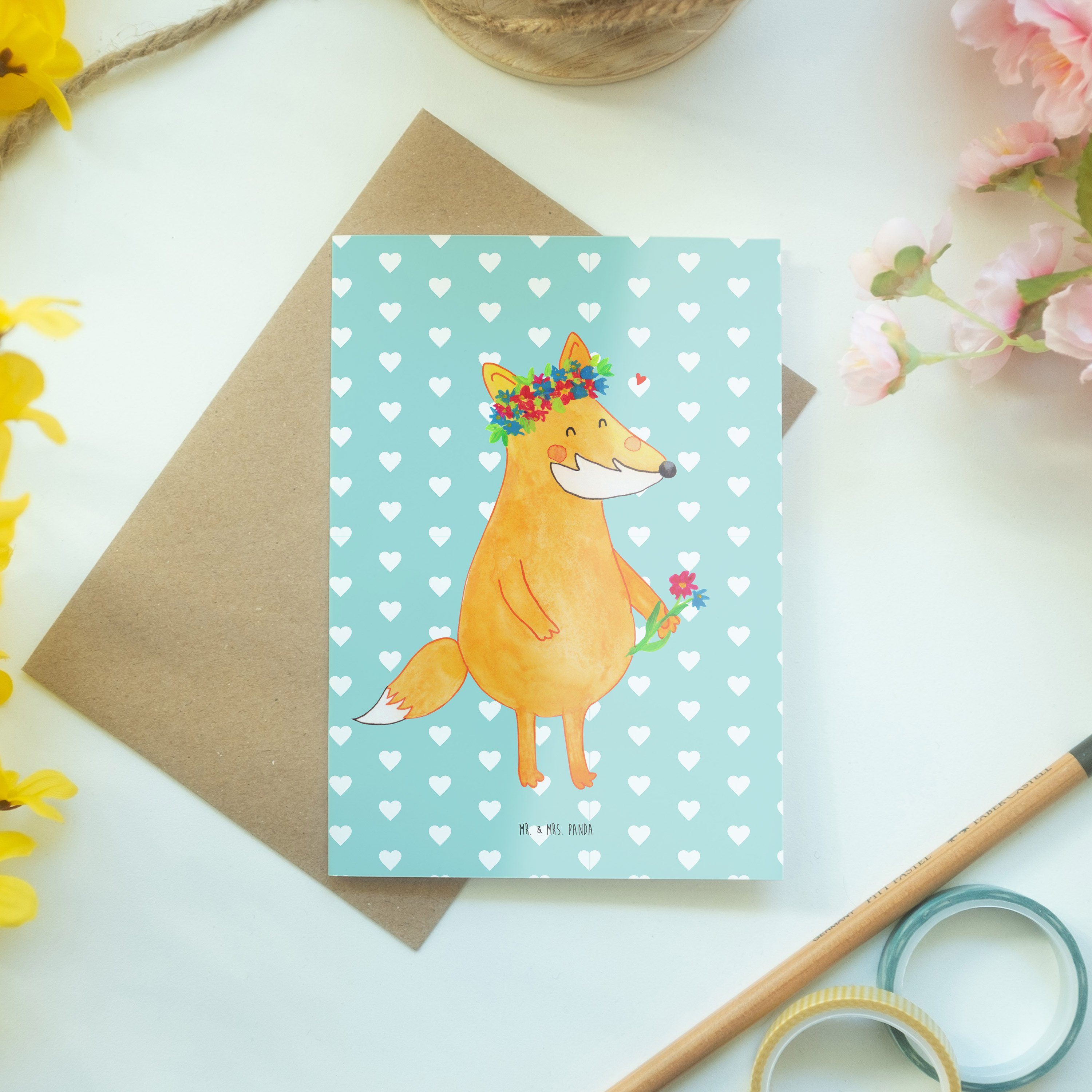 Mr. & Mrs. Panda - Grußkarte Geschenk, - Pastell Fuchs Blumen Hochzeitskarte, Blumenliebe Türkis