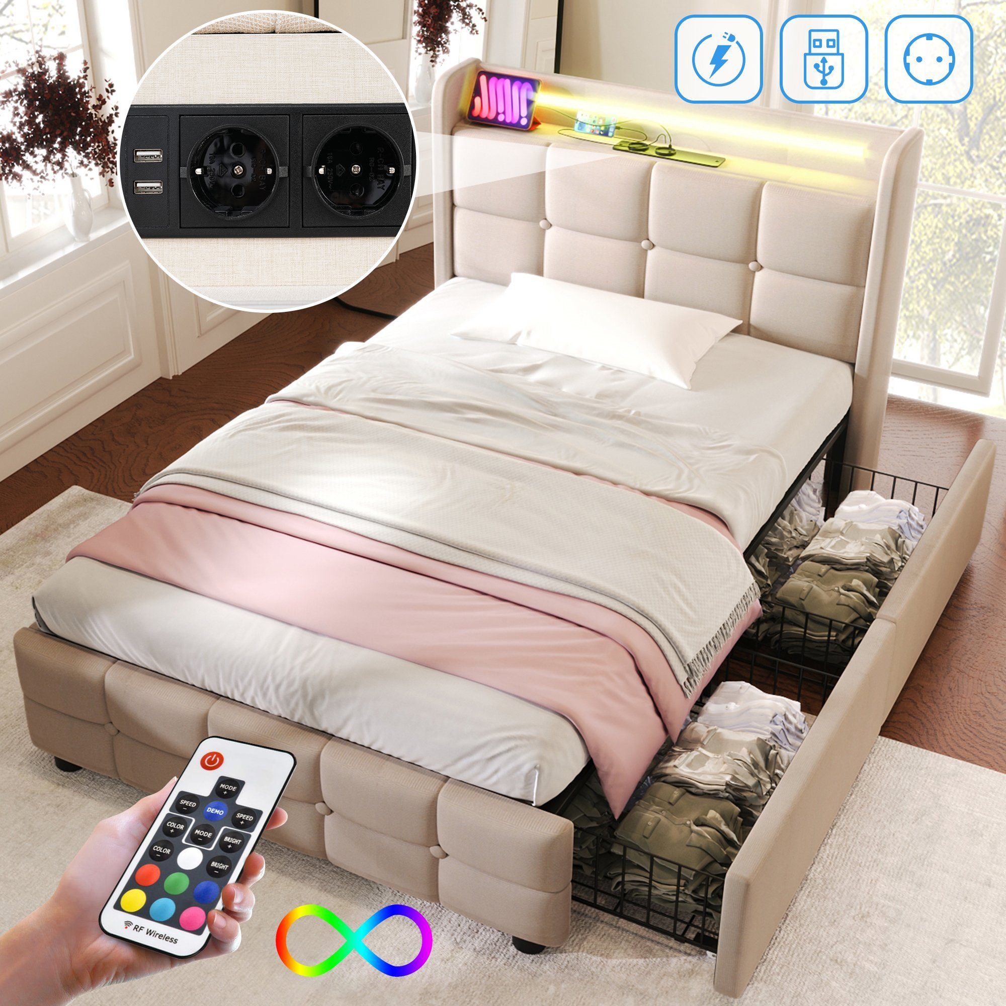 REDOM Polsterbett (mit aufladen USB Ladefunktion LED-Beleuchtung und 2 Schu günstig online kaufen