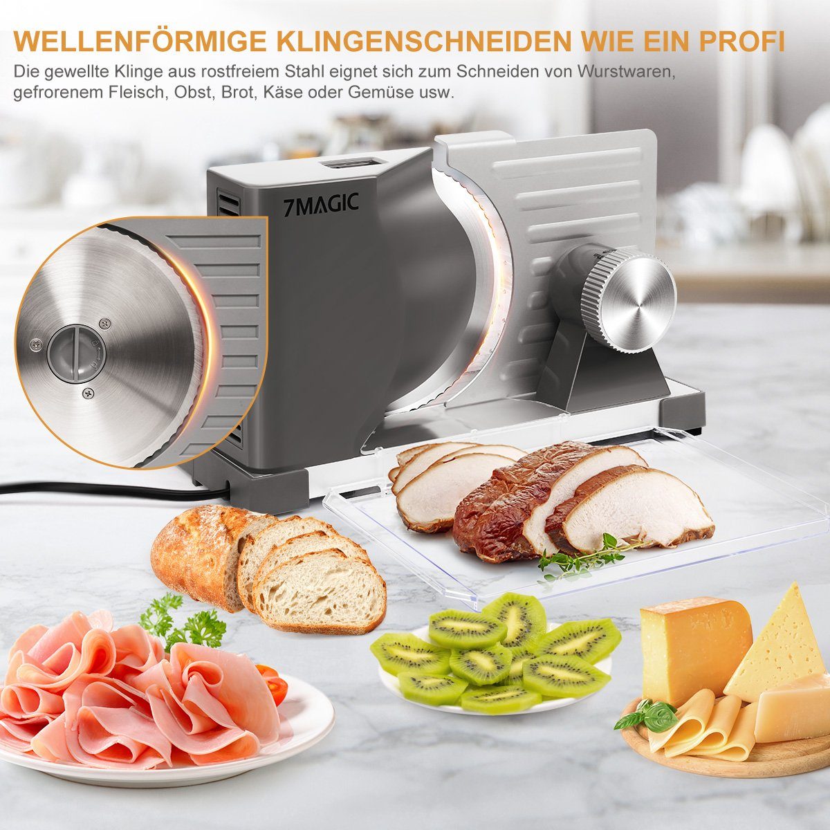Greensky Allesschneider Elektrischer Allesschneider, Verstellbare  Küchenmaschine 0 bis 18mm, 160 W, Brotschneidemaschine mit Abnehmbarer 17  cm Klinge, Klappbar