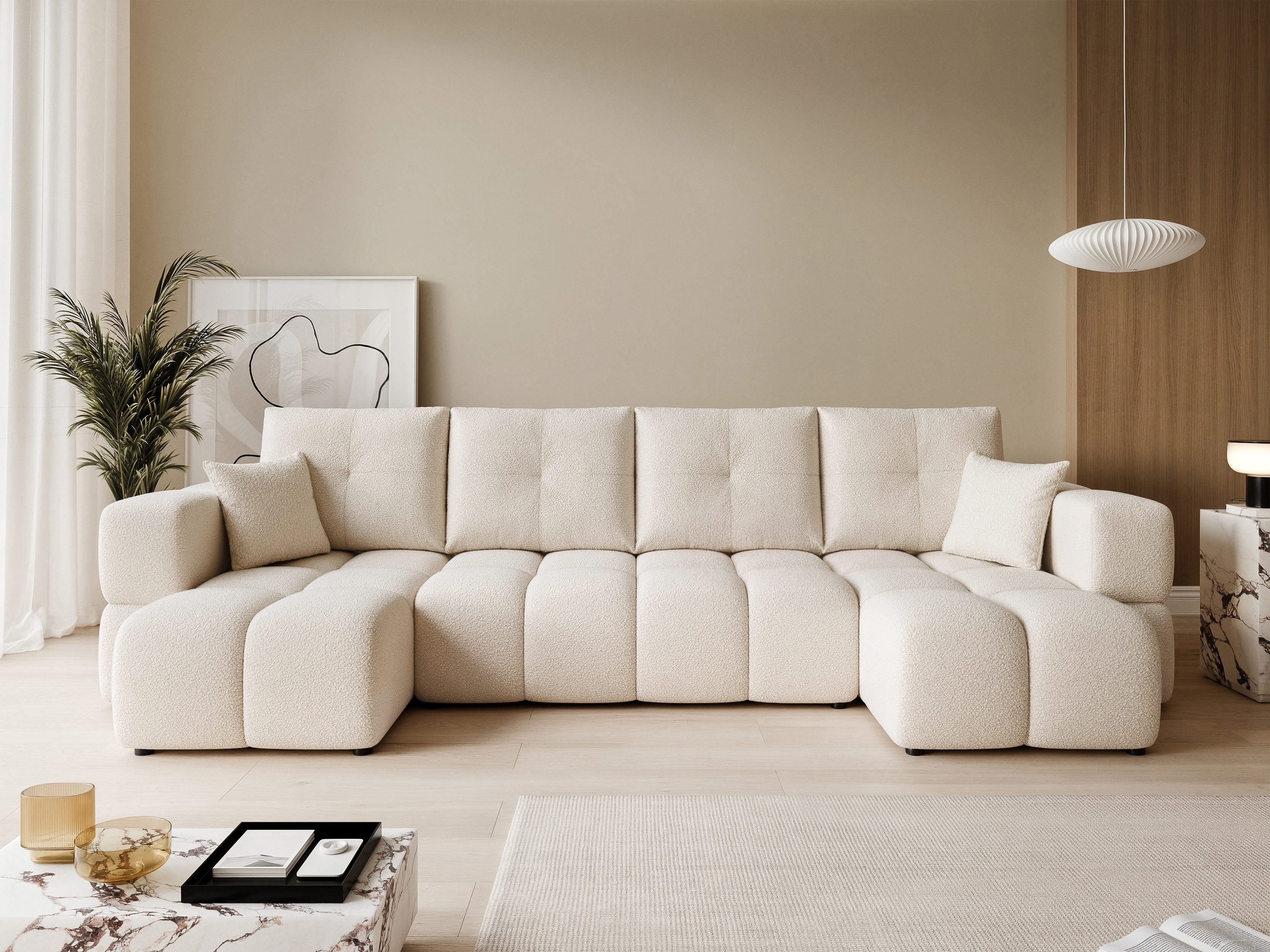 yourhouse24 Wohnlandschaft BUENO U im Glamour-Stil – Trend-Bouclé, Schlaffunktion & Bettkasten, mit Schlaffunktion und Bettkasten, Seite universal