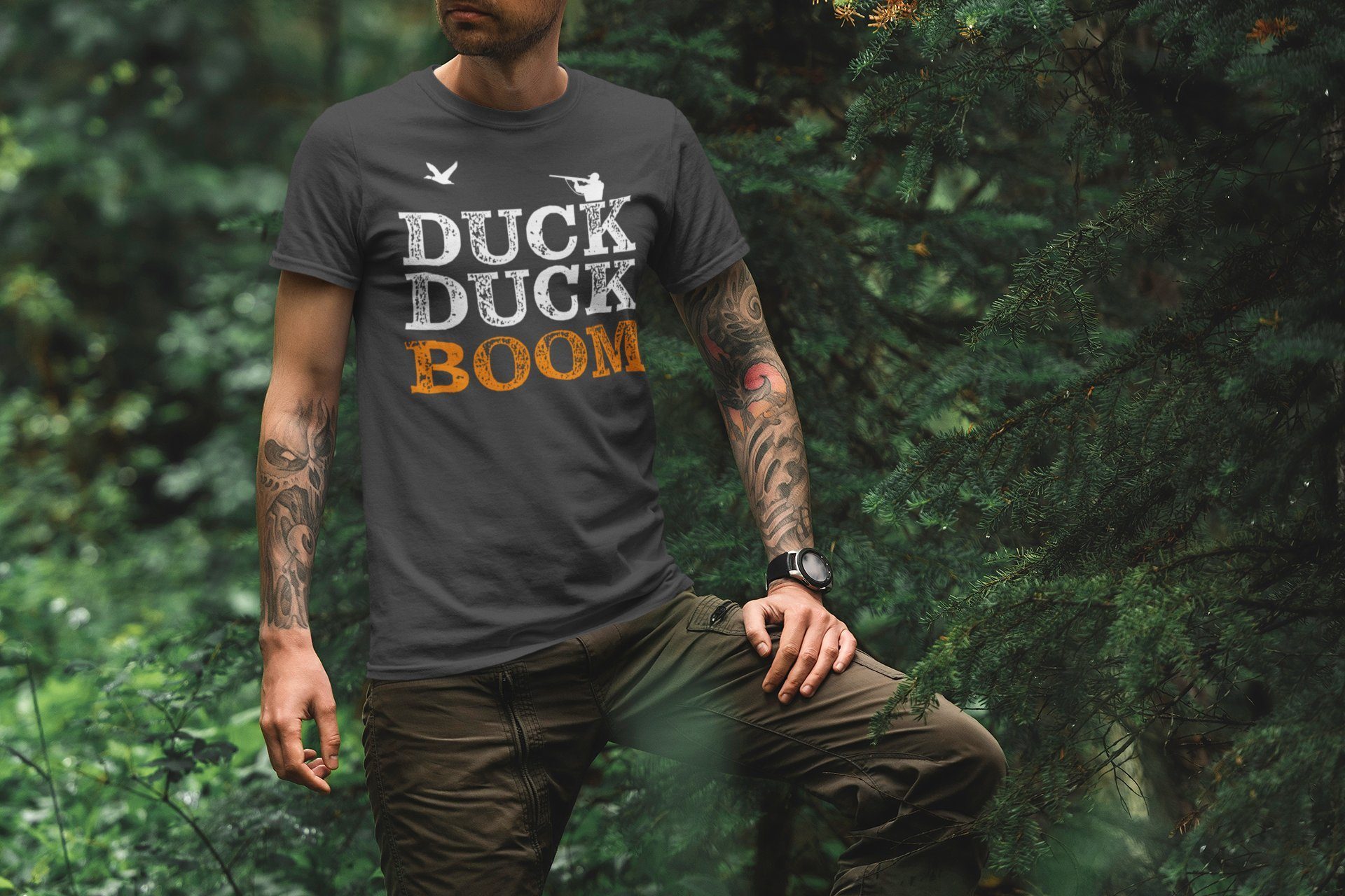 Baddery Print-Shirt Jäger T-Shirt: "Duck Duck Boom" - Geschenk für Jäger - Jagd Tshirt, hochwertiger Siebdruck, aus Baumwolle