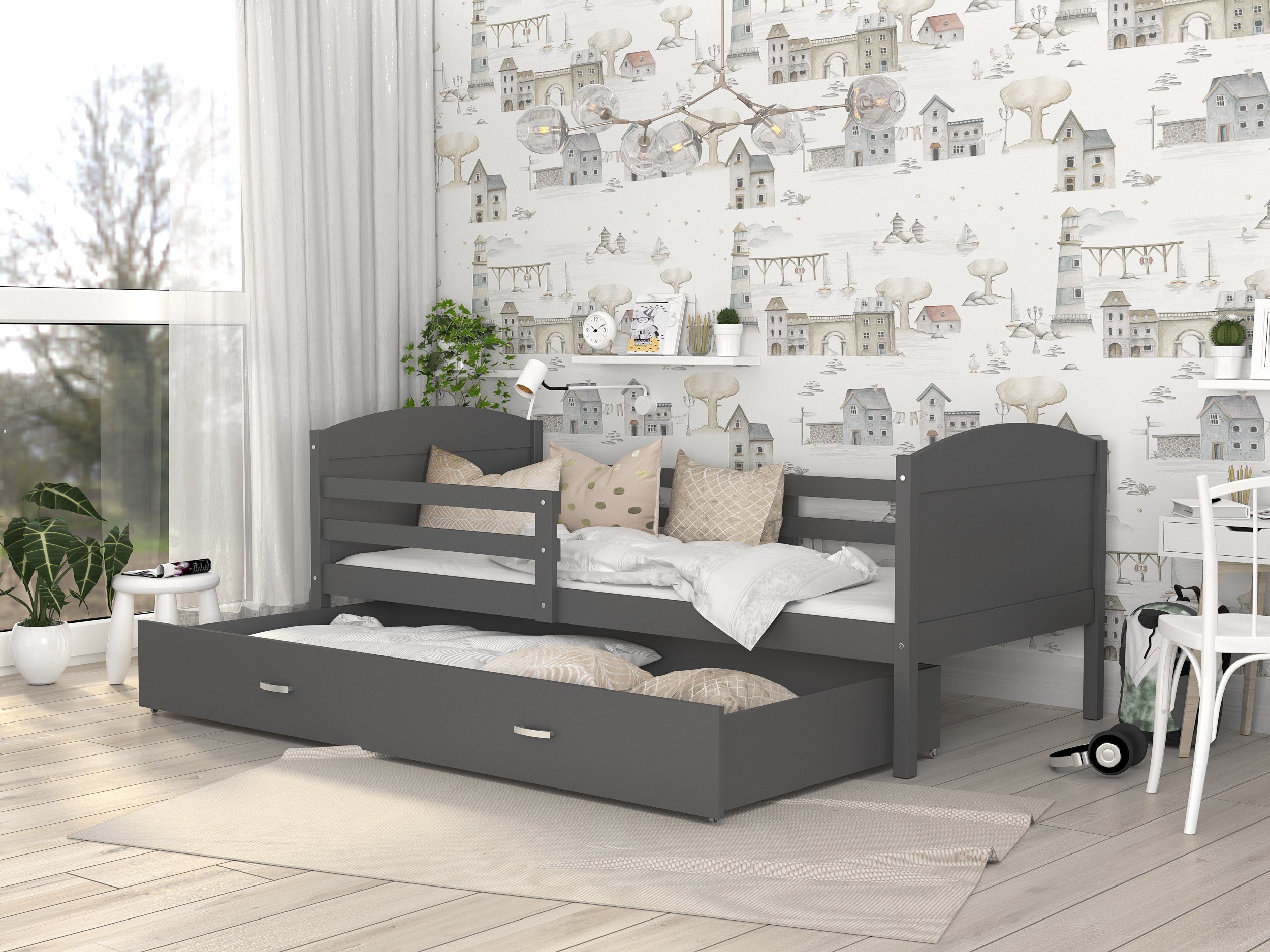 Siblo Einzelbett Mati P (Flexibler Lattenrost, Schublade, Sicherheitsbarriere), Möbelplatte Grau