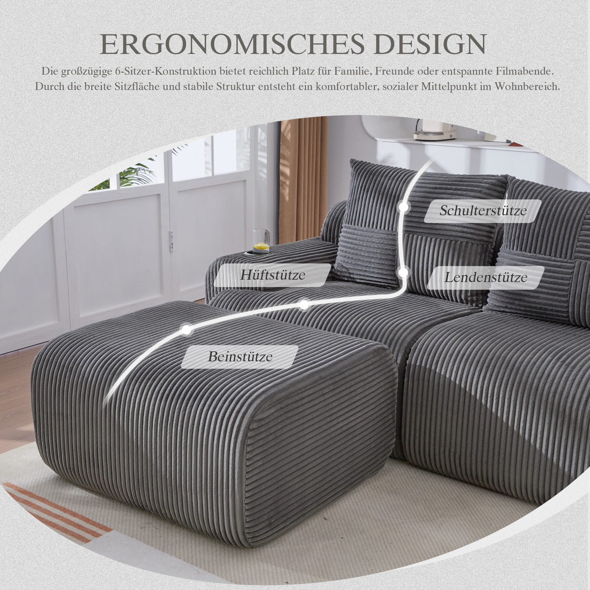 REDOM Sofa mit Getränkehalter und seitlicher Aufbewahrungstasche, 3-Personen Loungesofa mit Hockern, Frei kombinierbar