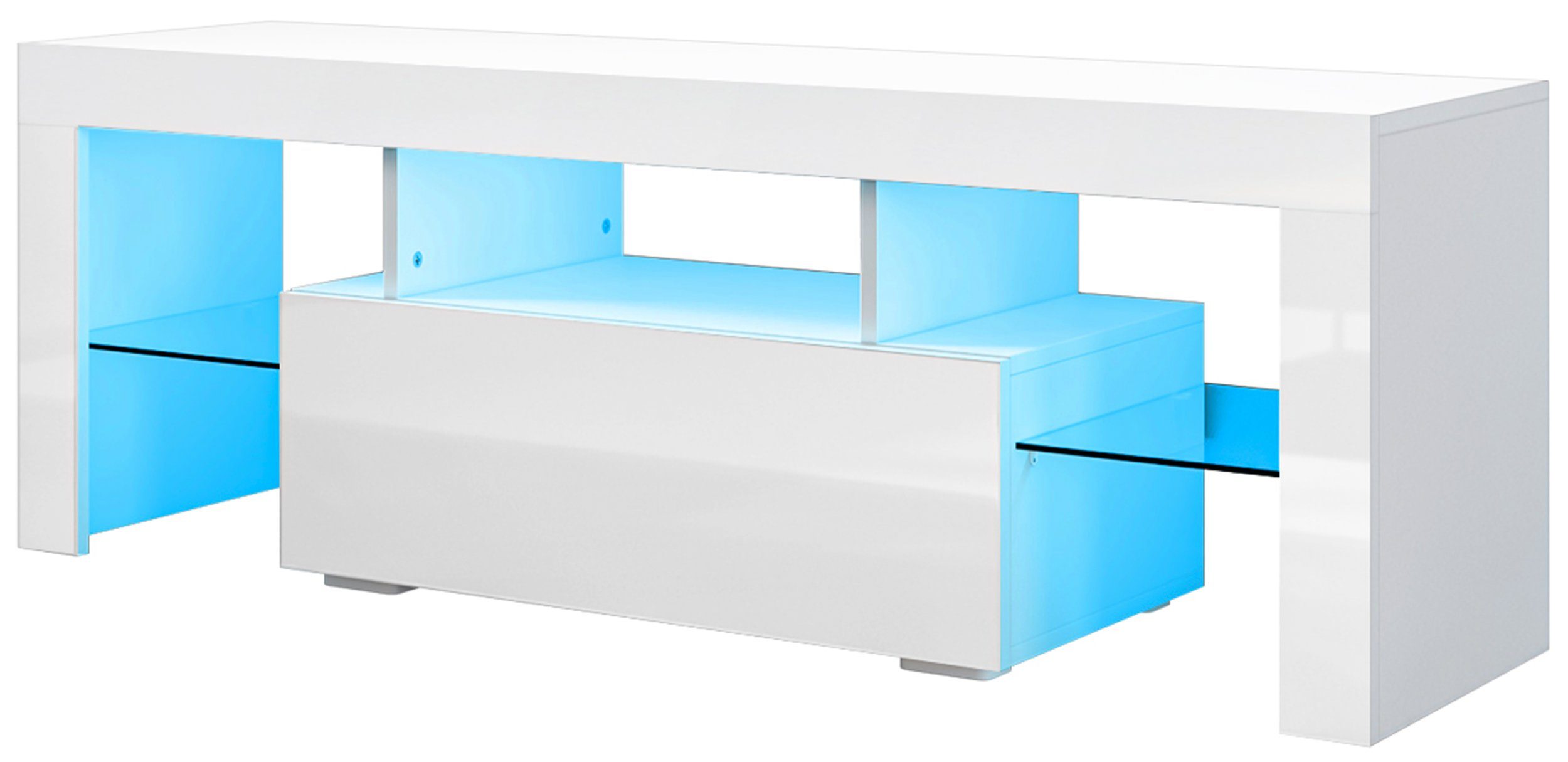 SONNI TV-Board TV Lowboard Breite 130 cm Schrank Weiß Hochglanz mit LED-Beleuchtung – Bild 5 von 5