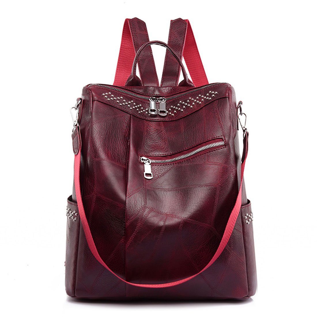 HNDSG Cityrucksack Damen Fashion Travel Shoulder Backpack,Soft Leather Schoolbag Backpack Rot