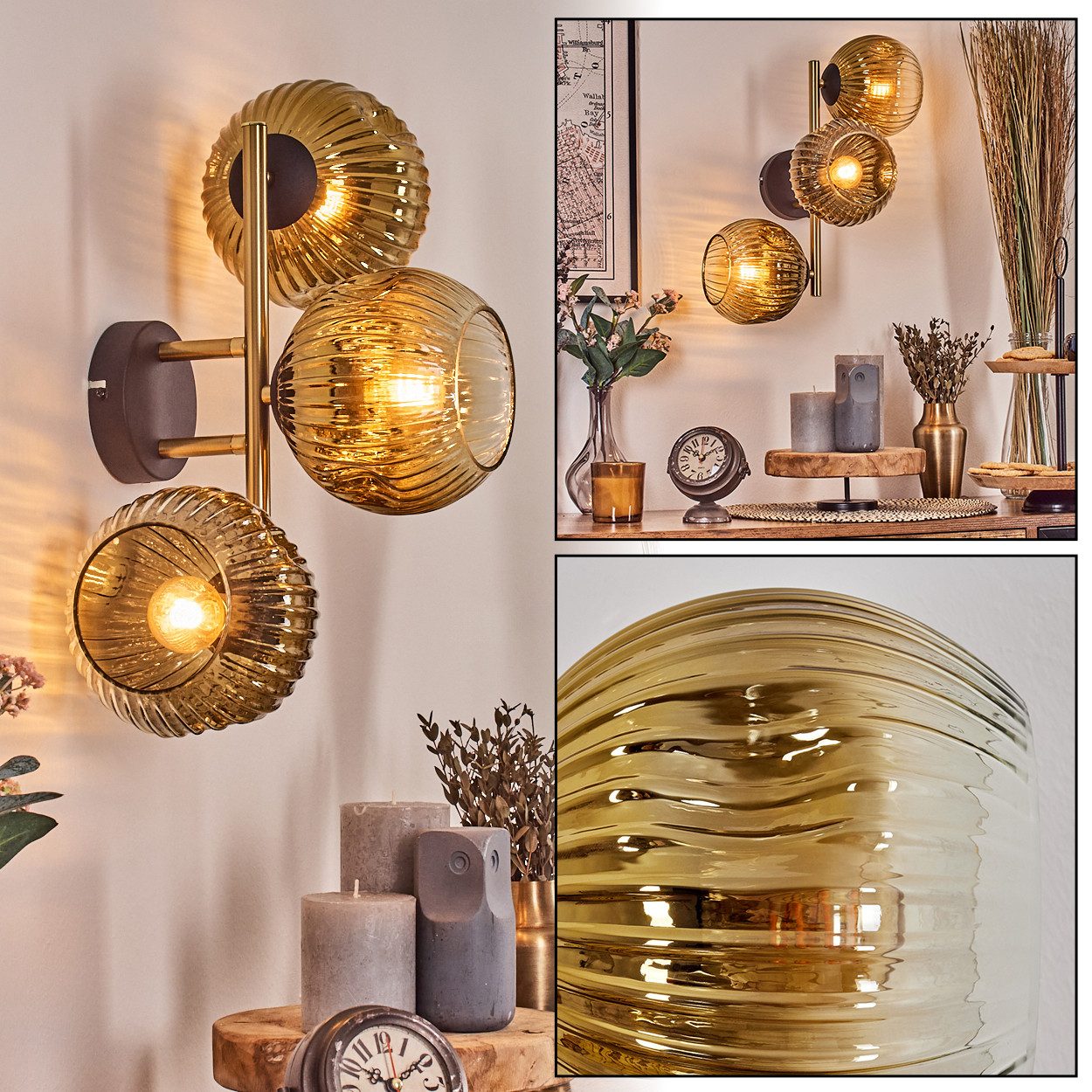 hofstein Wandleuchte Wandlampe aus Metall/Riffelglas in Schwarz/Goldfarben/Klar, moderne Wandleuchte im Retro/Vintage-Design (Schirme 15 cm), E14