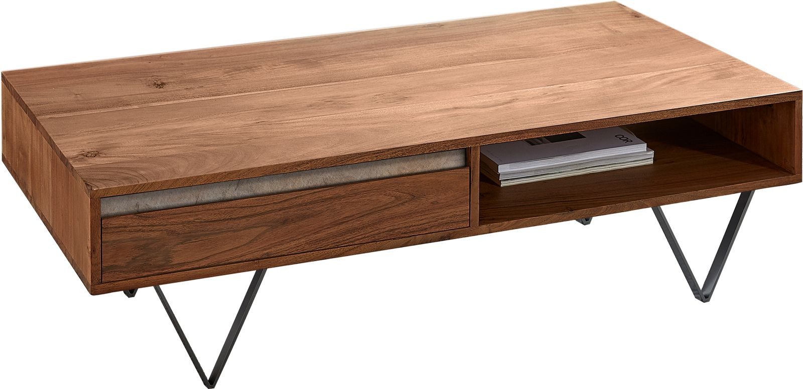 DELIFE Couchtisch Stonegrace, Akazie Braun Schiefer 115x60 cm 2 Schübe 1 Fach V-Fuß Schwarz