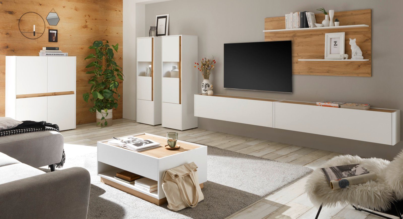Furn.Design Couchtisch Center (Wohnzimmer Tisch in weiß mit Wotan Eiche, 90 x 60 cm), mit 2 Fächern und Schublade – Bild 5 von 5
