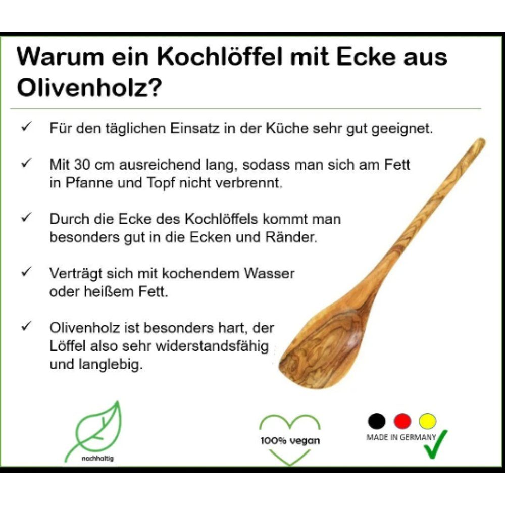 Olivenholz-erleben Kochlöffel mit Ecke aus Olivenholz – Länge ca. 30 cm, robust & stilvoll, Ecke erreicht Topfränder mühelos – ideal zum Rühren & Schaben – Bild 4 von 5