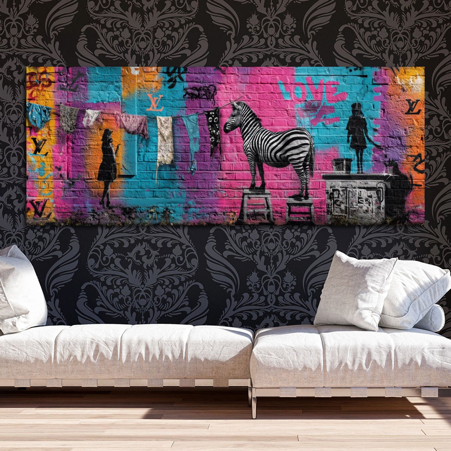 Artedinoi Leinwandbild Graffiti Wäscheleine Zebra Love Leinwandbild Wandbild Kunstdruck XL De, Zebra an Wäscheleine, Love